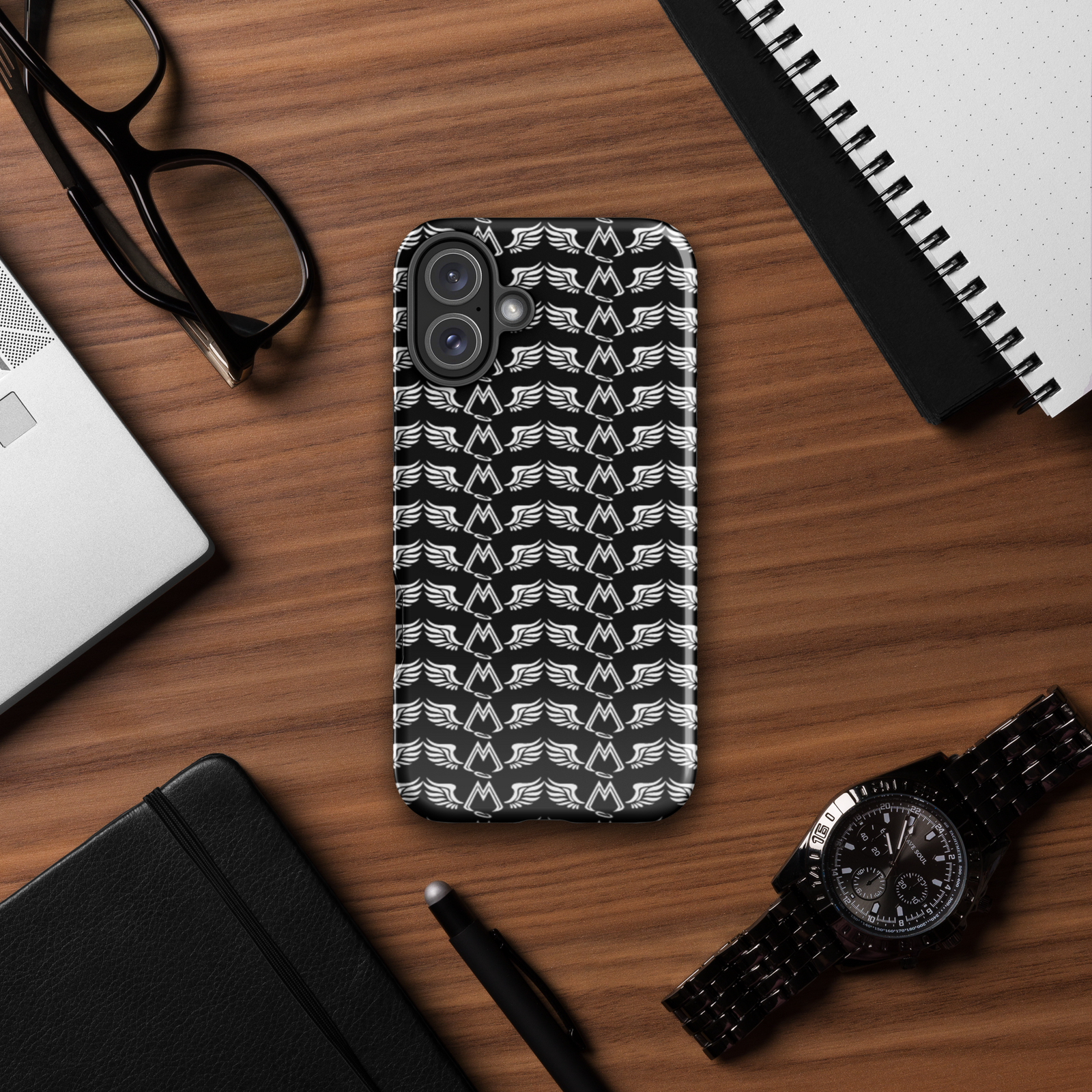Black Tough Cases For iPhone 16 With Duplicated White MM Iconic Logo