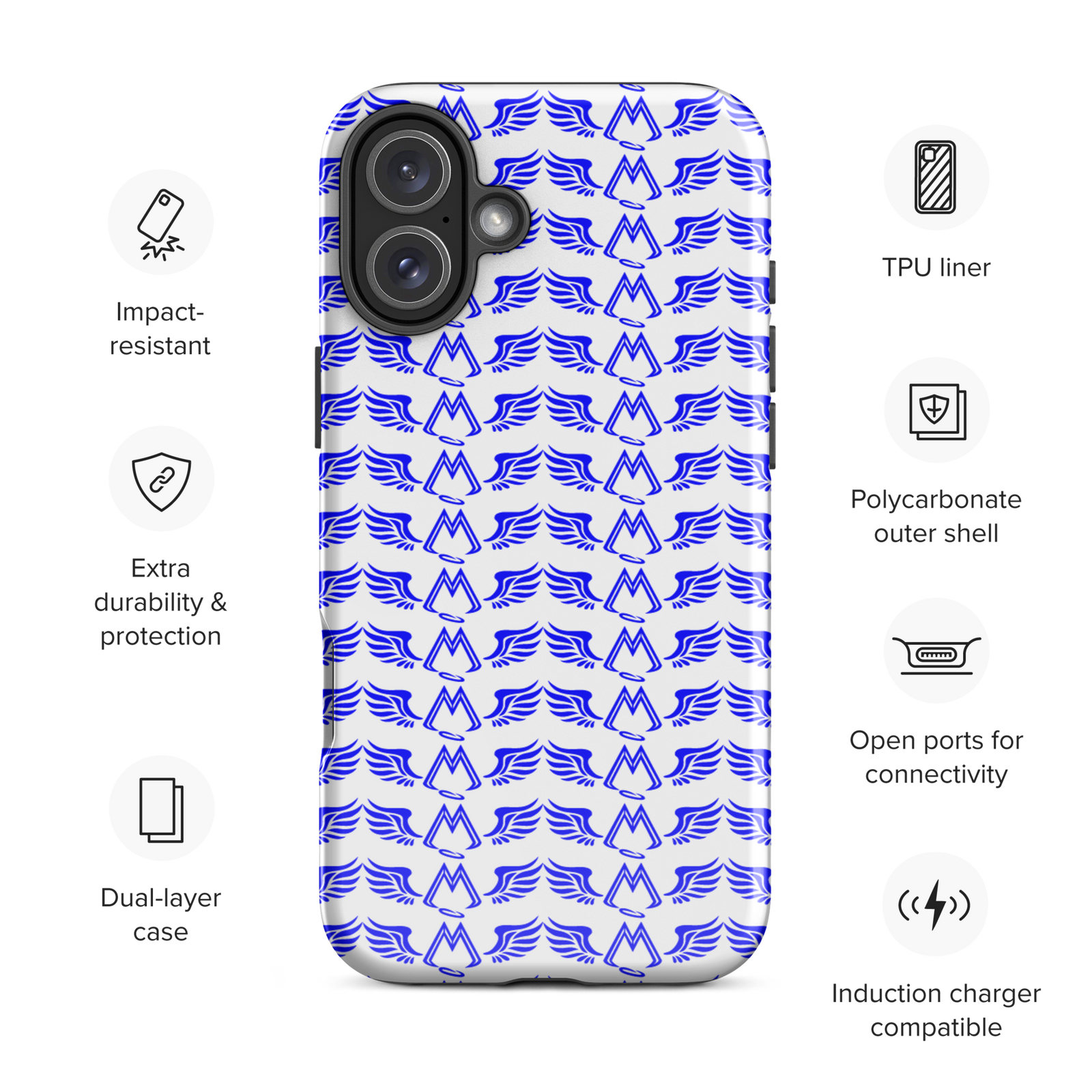 White Tough Cases For iPhone 16 With Duplicated Blue MM Iconic Logo
