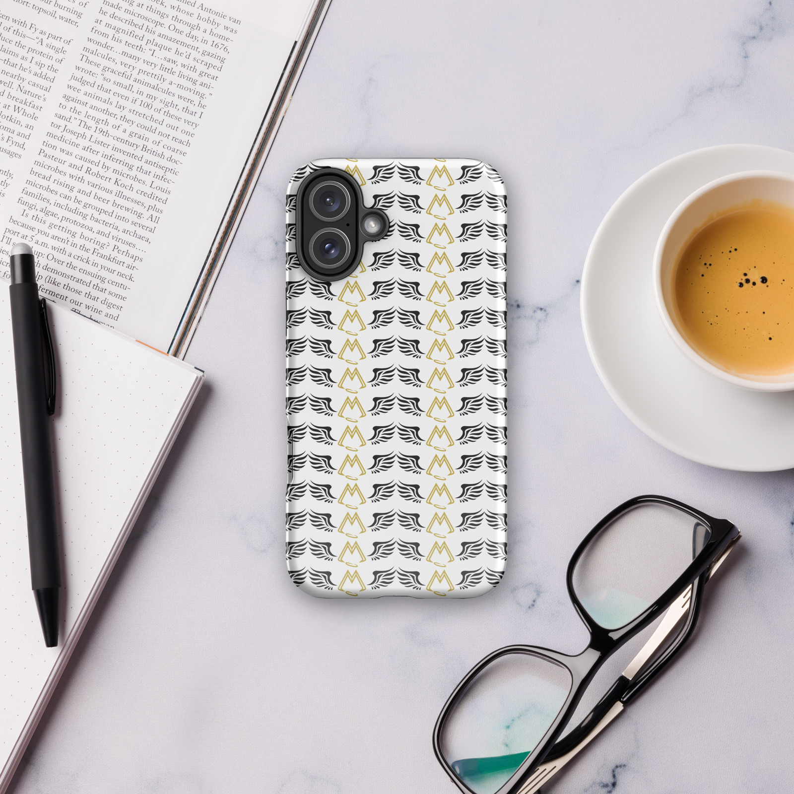 White Tough Cases For iPhone 16 With Duplicated Gold-Black MM Iconic Logo
