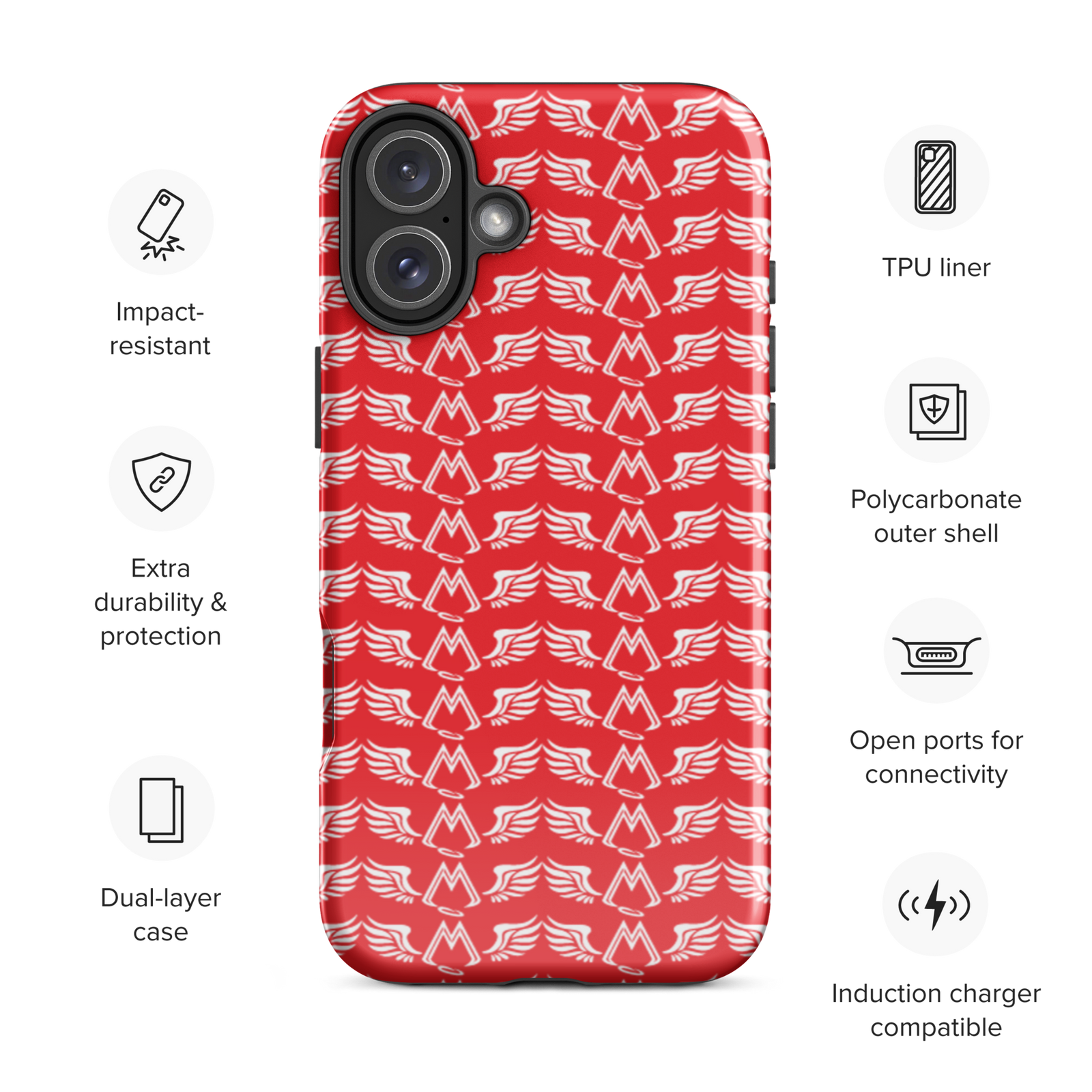 Red Tough Cases For iPhone 16 With Duplicated White MM Iconic Logo