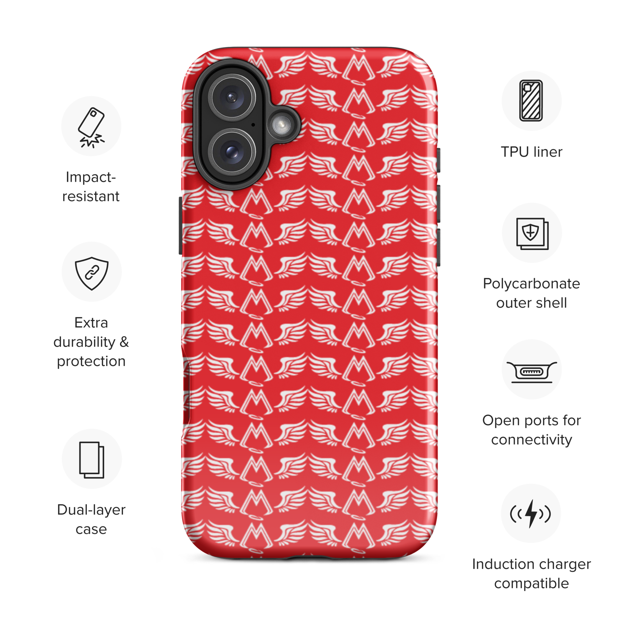 Red Tough Cases For iPhone 16 With Duplicated White MM Iconic Logo