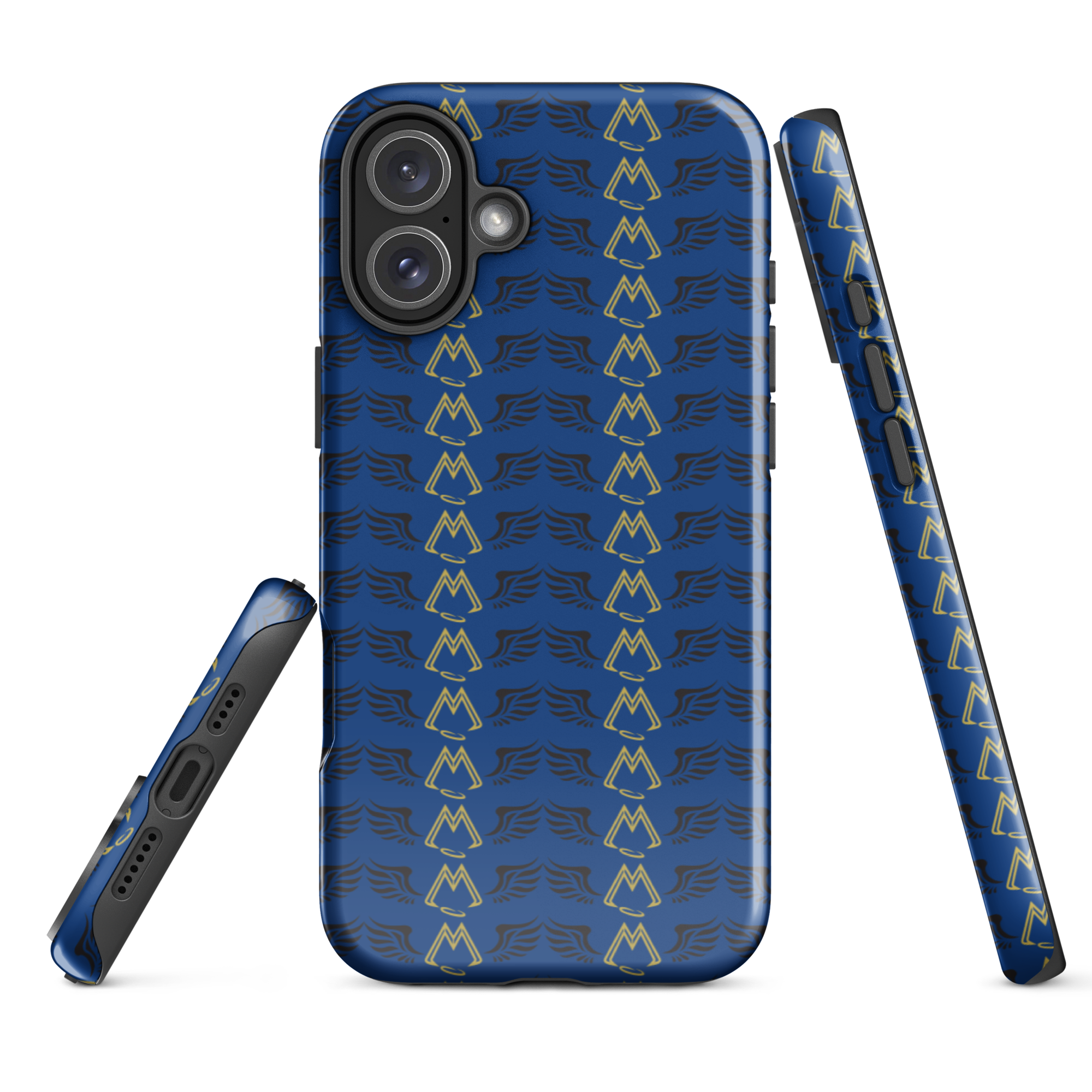 Blue Tough Cases For iPhone 16 With Duplicated Gold-Black MM Iconic Logo