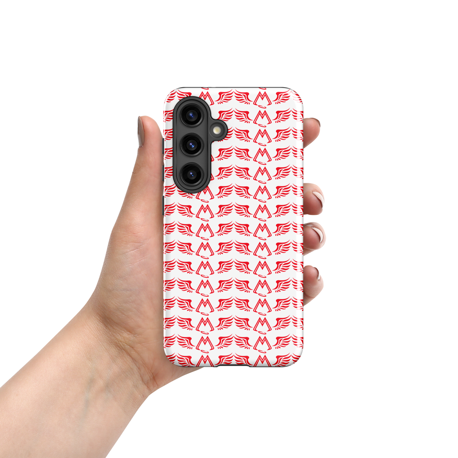 White Tough Samsung Galaxy S24 Cases With Duplicated Red MM Iconic Logo