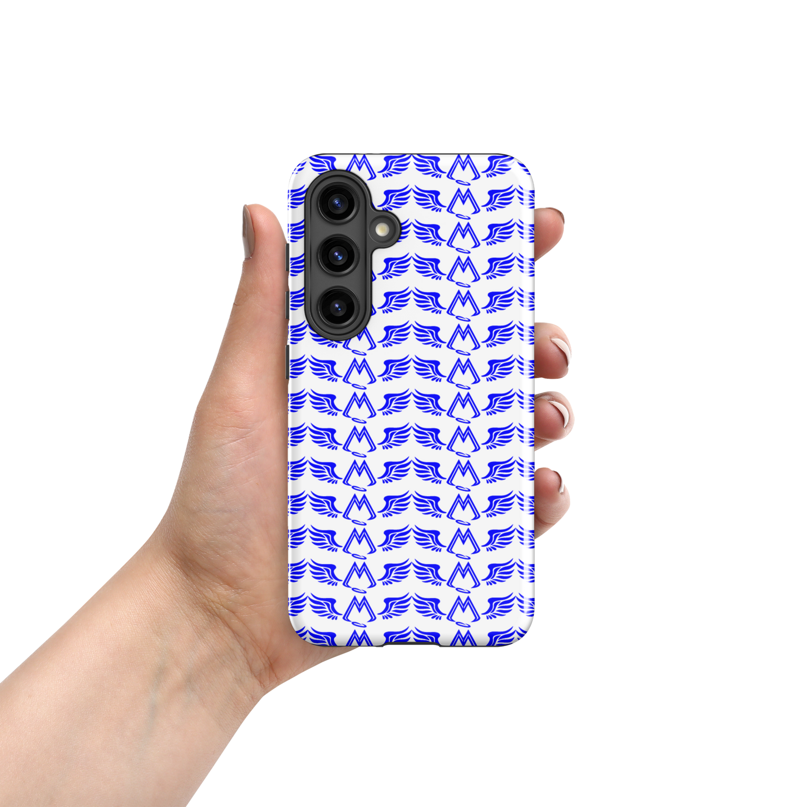 White Tough Samsung Galaxy S24 Cases With Duplicated Blue MM Iconic Logo
