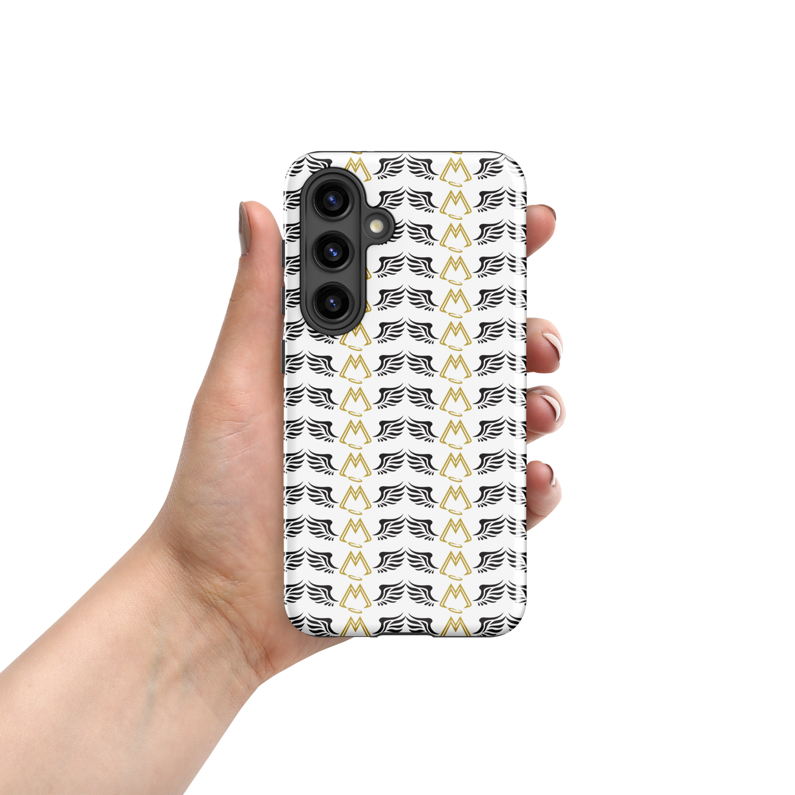 White Tough Samsung Galaxy S24 Cases With Duplicated Gold-Black MM Iconic Logo