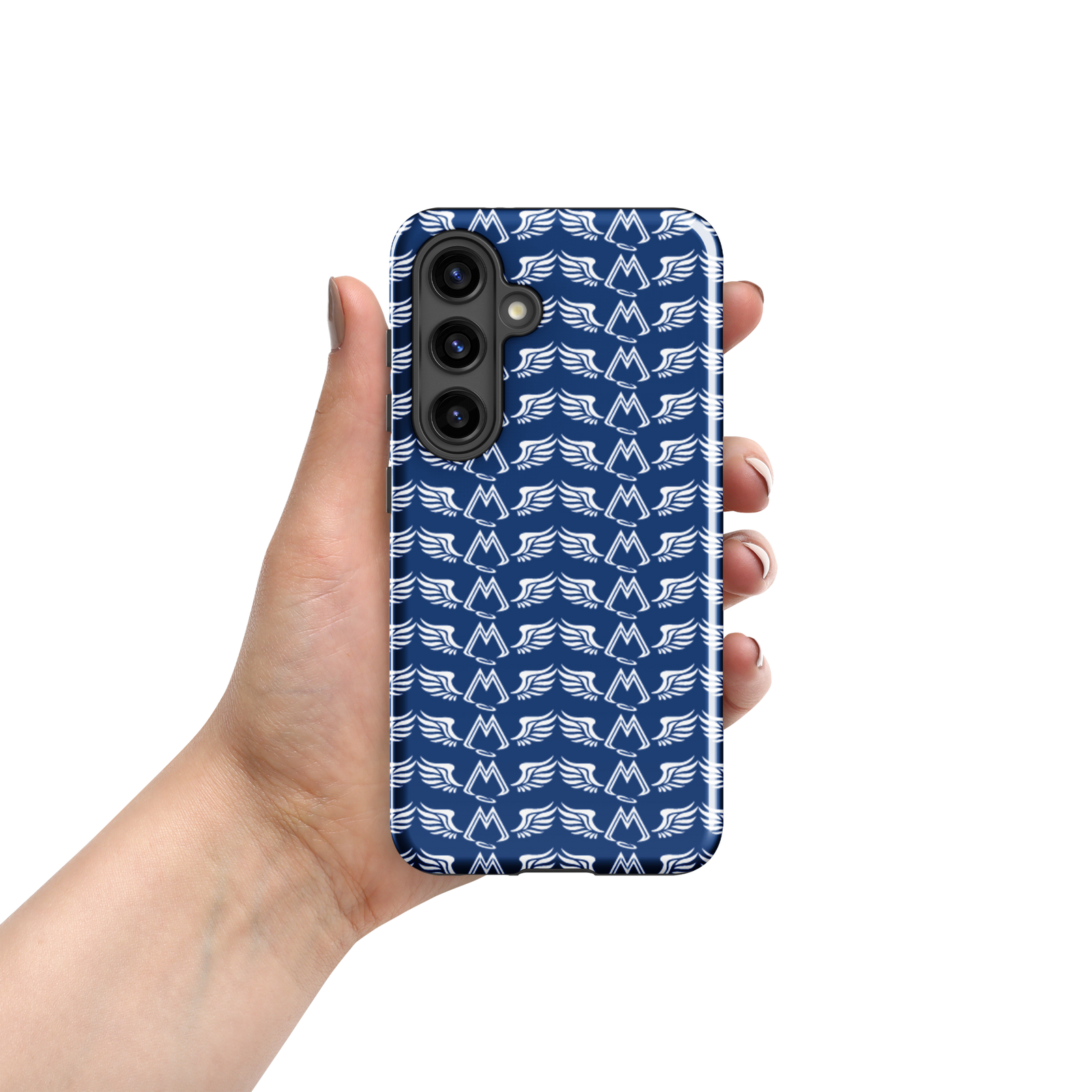 Blue Tough Samsung Galaxy S24 Cases With Duplicated White MM Iconic Logo