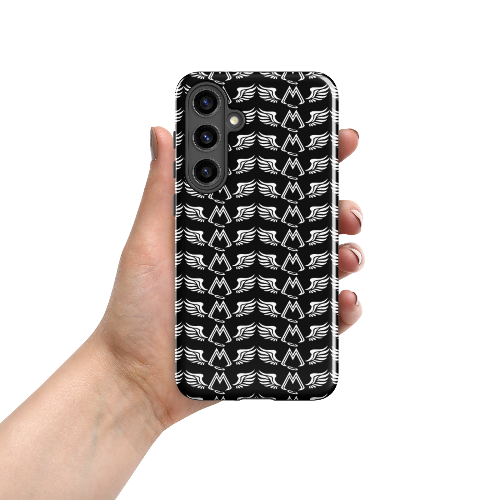 Black Tough Samsung Galaxy S24 Cases With Duplicated White MM Iconic Logo