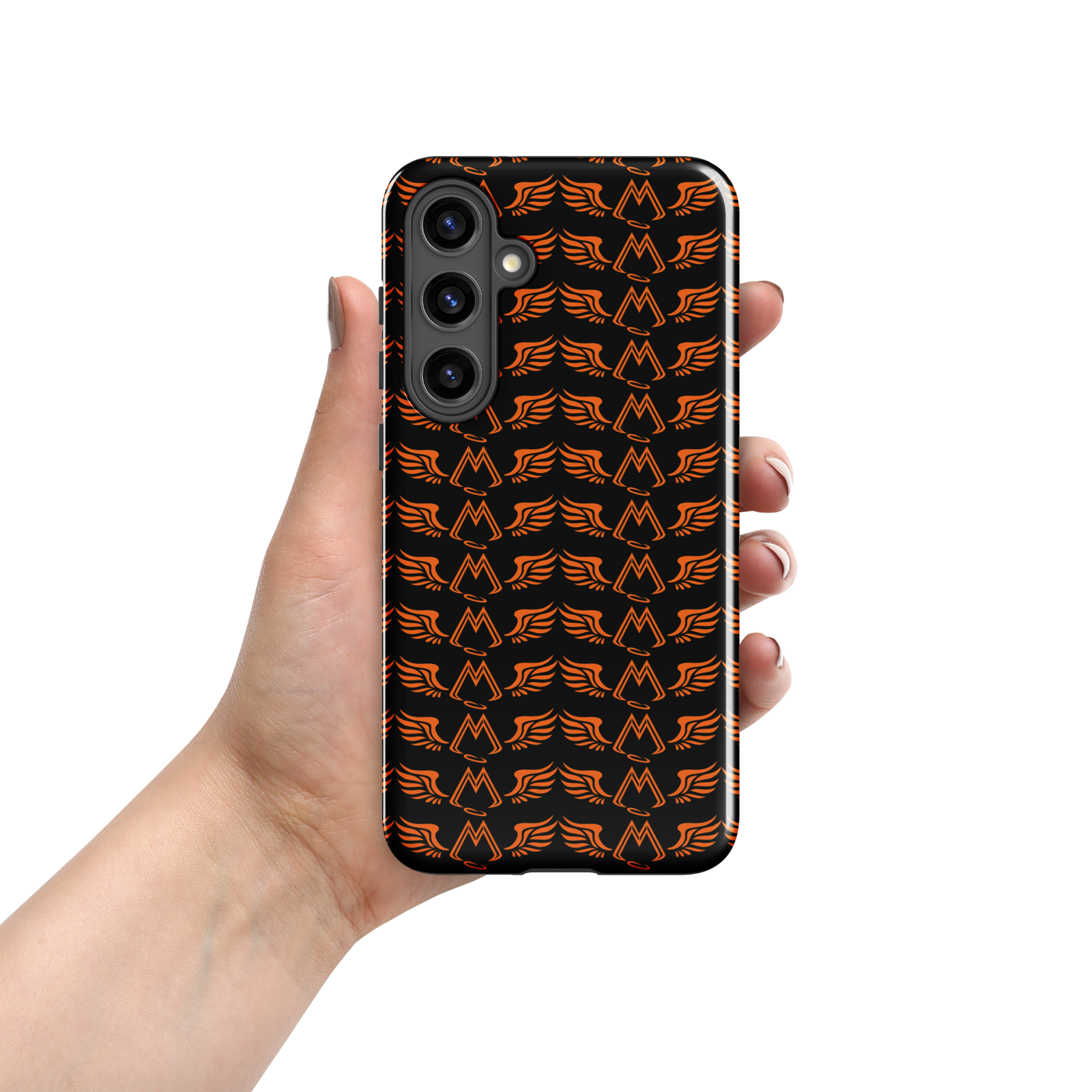 Black Tough Samsung Galaxy S24 Cases With Duplicated Orange MM Iconic Logo