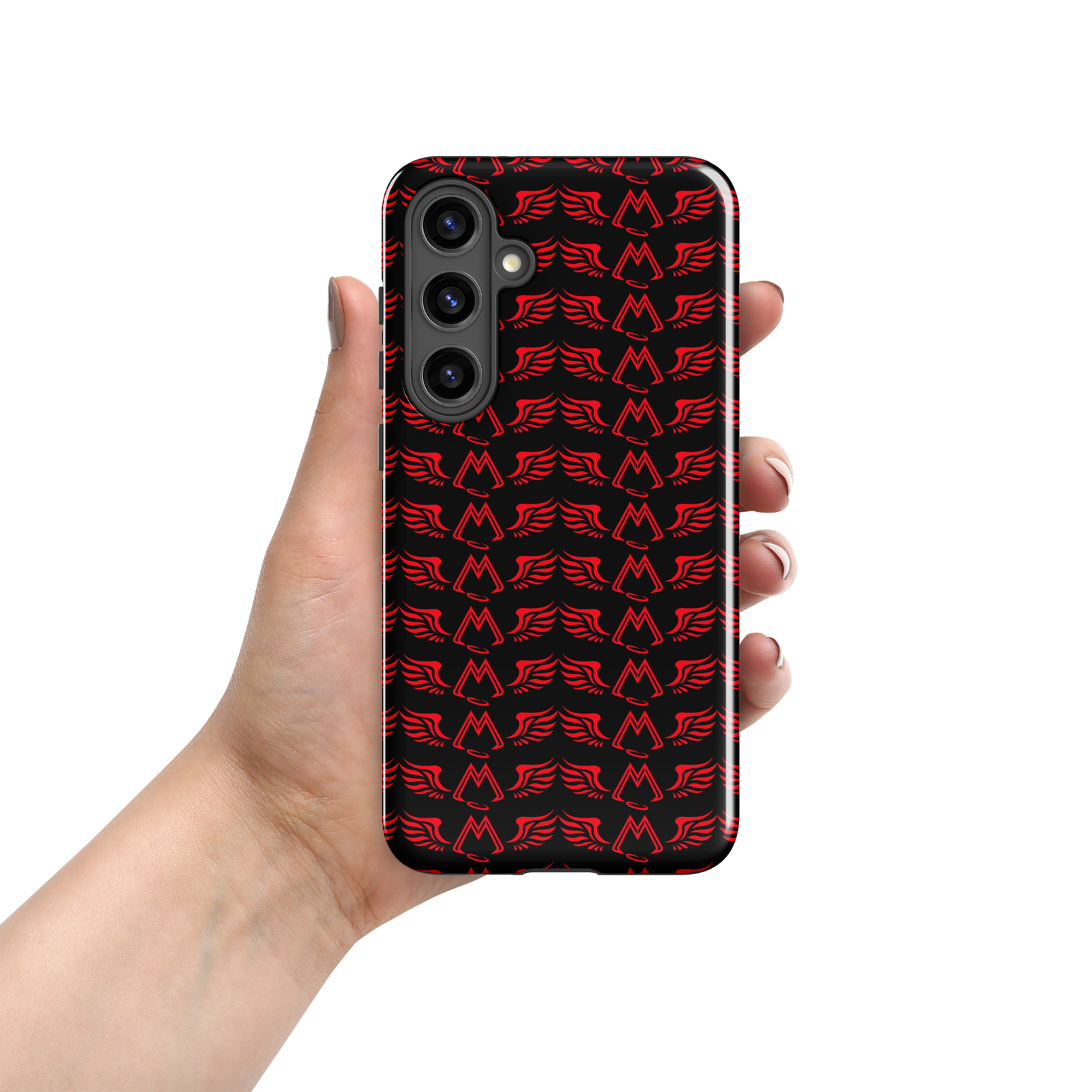 Black Tough Samsung Galaxy S24 Cases With Duplicated Red MM Iconic Logo