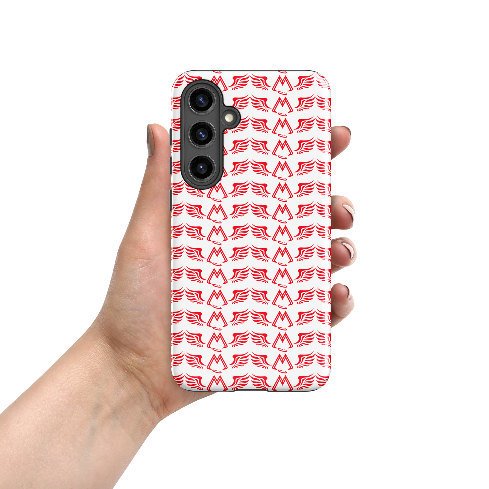 White Tough Samsung Galaxy S24 Cases With Duplicated Red MM Iconic Logo