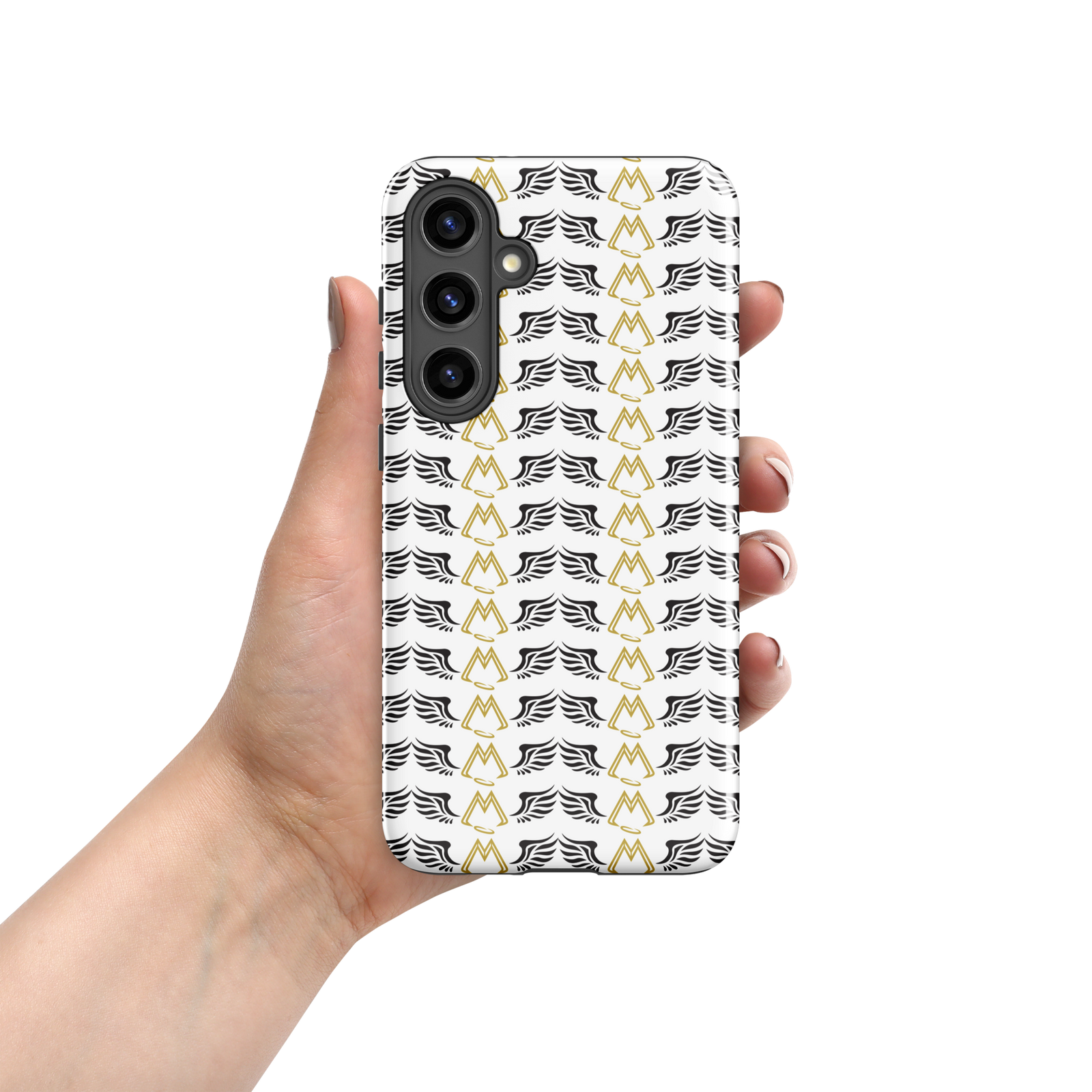 White Tough Samsung Galaxy S24 Cases With Duplicated Gold-Black MM Iconic Logo