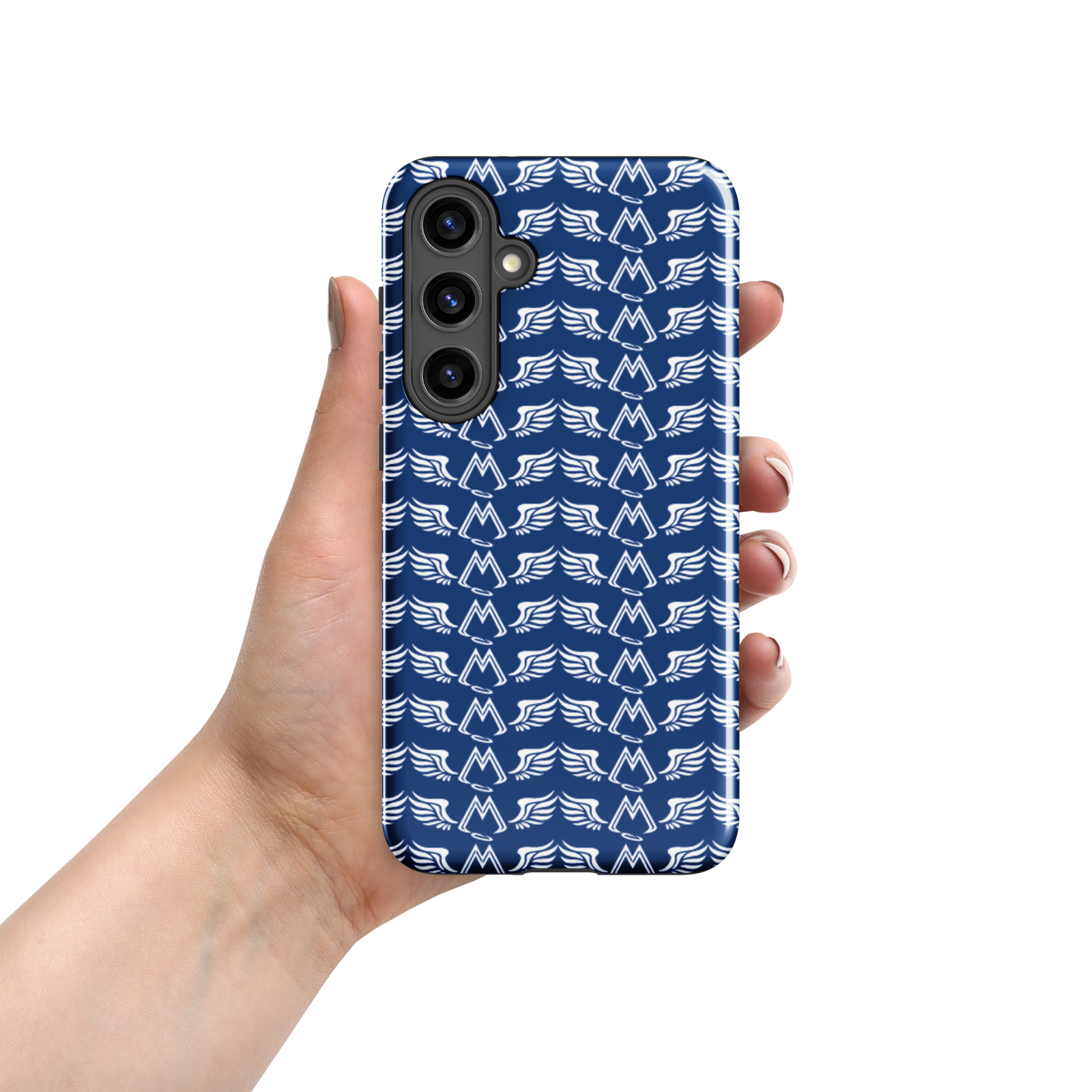 Blue Tough Samsung Galaxy S24 Cases With Duplicated White MM Iconic Logo