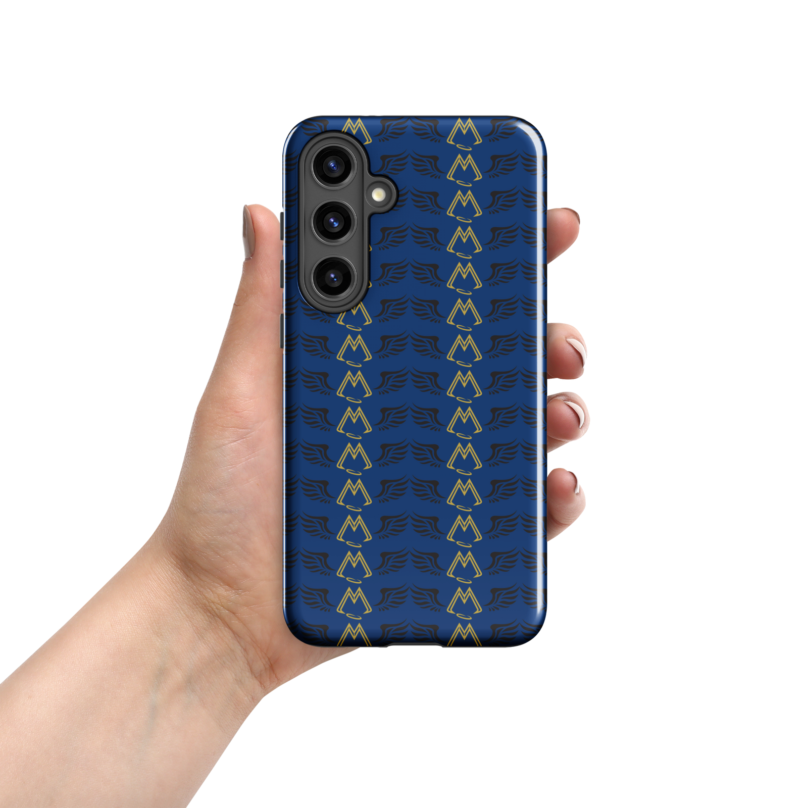 Blue Tough Samsung Galaxy S24 Cases With Duplicated Gold-Black MM Iconic Logo