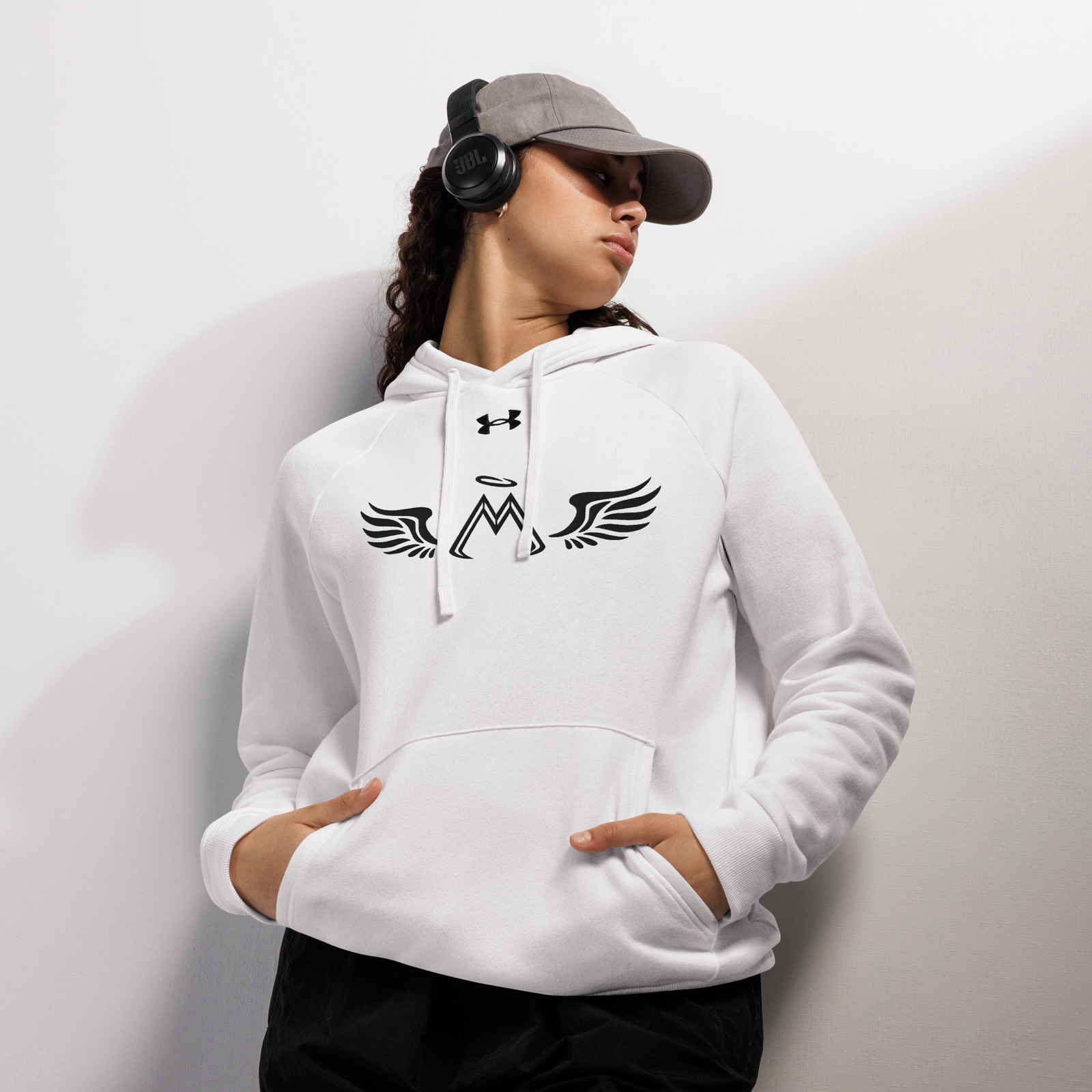 White Unisex Under Armour Hoodie With Embroidered Black MM Iconic Logo