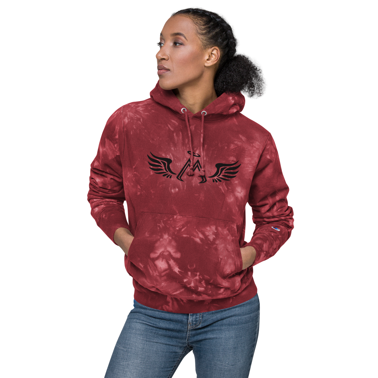 Mulled Berry Red Unisex Champion Tie-Dye Hoodie With Embroidered Black MM Iconic Logo