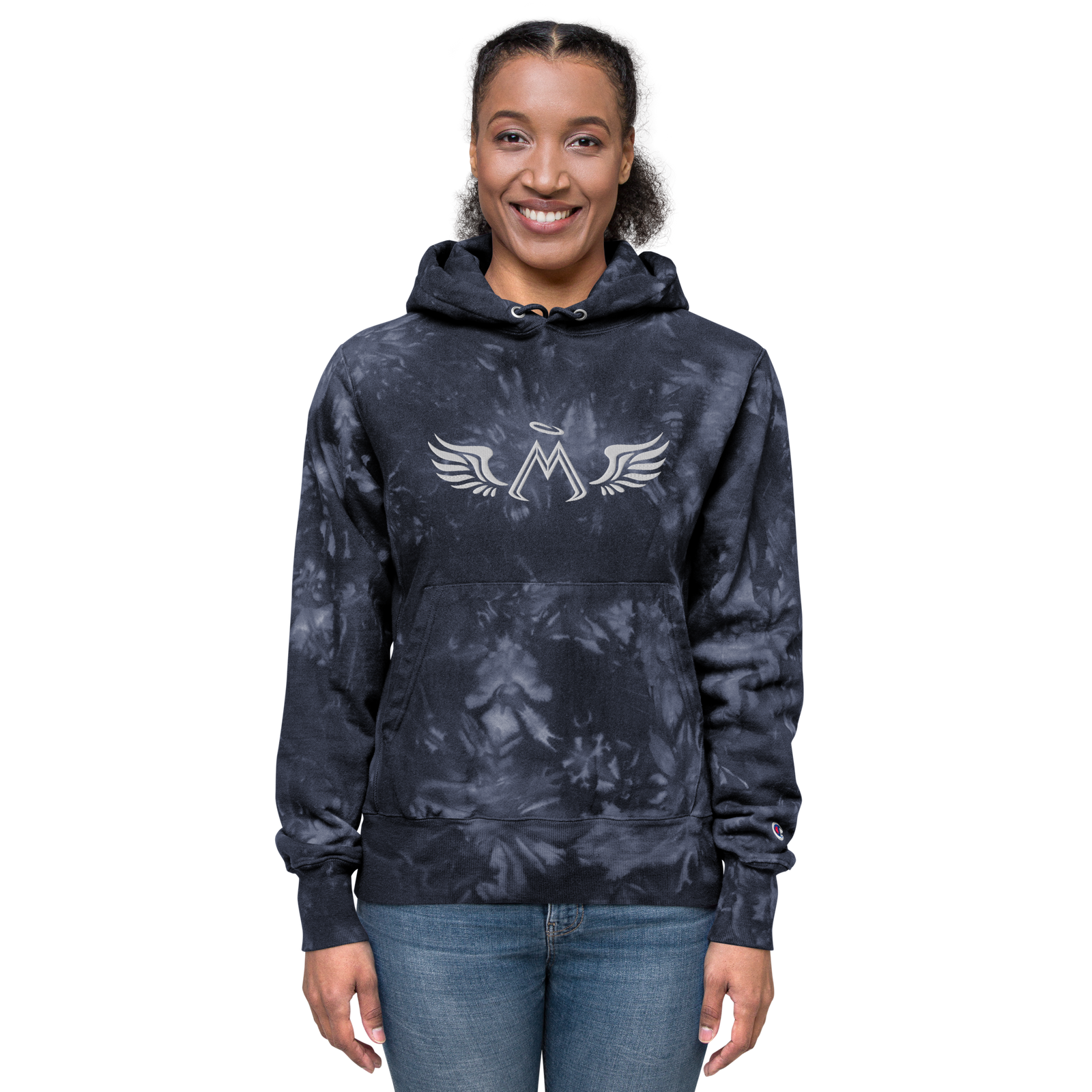 Navy Blue Unisex Champion Tie-Dye Hoodie With Embroidered White MM Iconic Logo