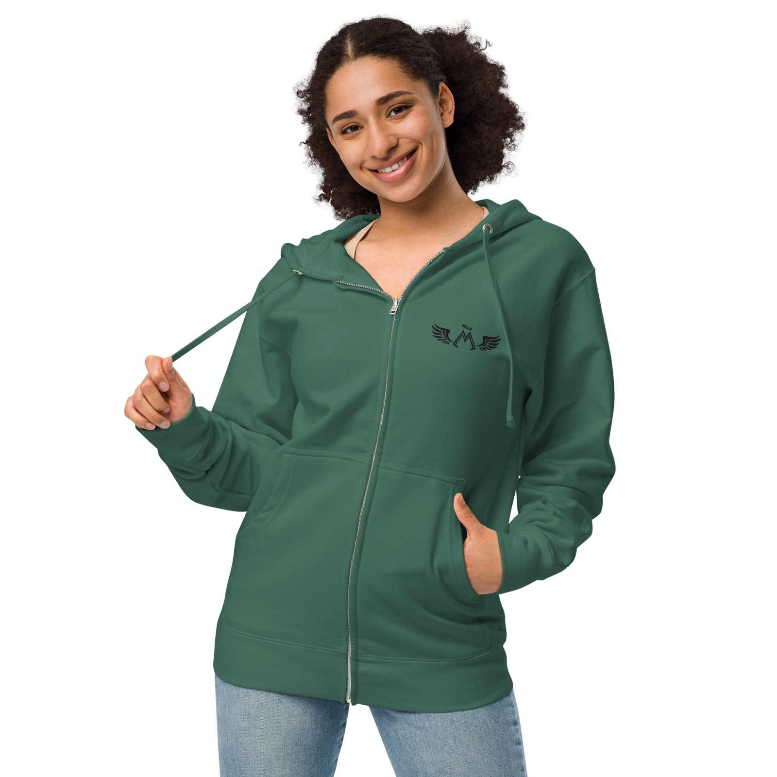 Forest Green Unisex Fleece Zip Up Hoodie With Embroidered Black MM Iconic Logo