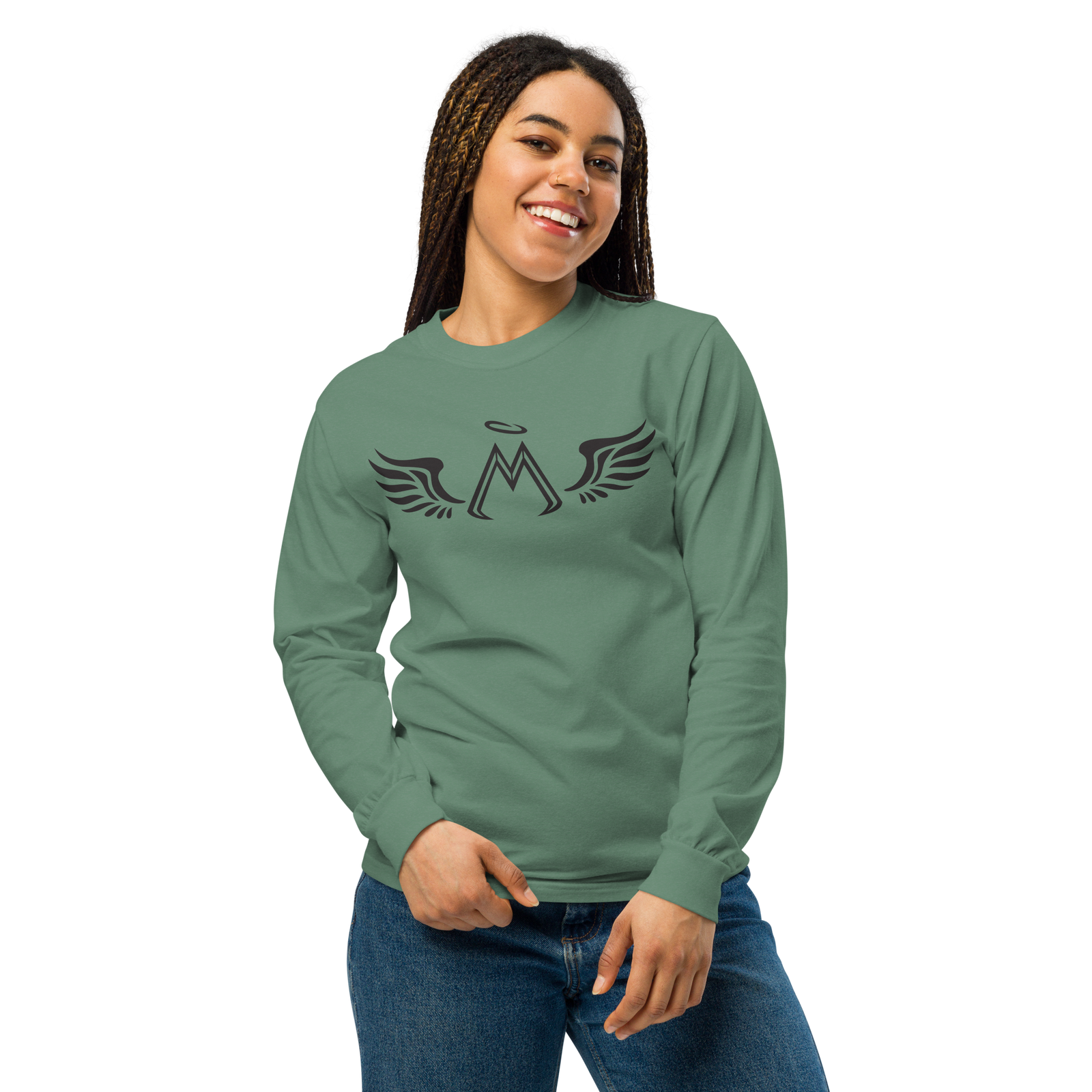 Light Green Unisex Garment-Dyed Heavyweight Long-Sleeve Shirt With Black MM Iconic Logo