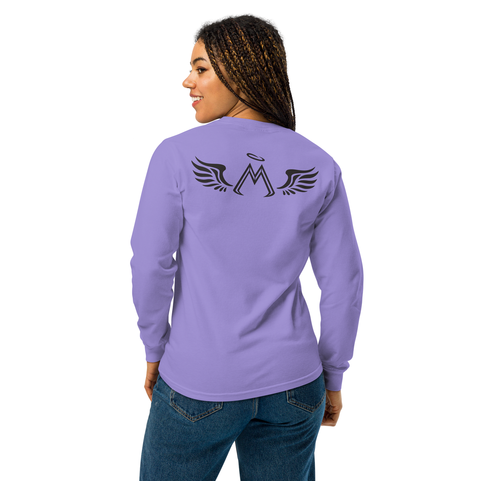 Violet Unisex Garment-Dyed Heavyweight Long-Sleeve Shirt With Black MM Iconic Logo