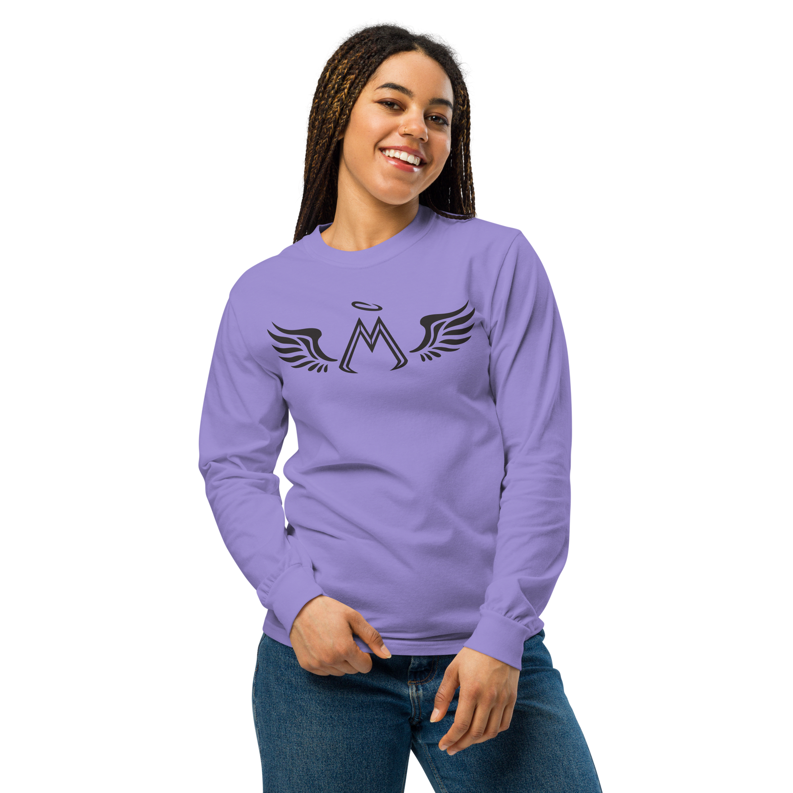 Violet Unisex Garment-Dyed Heavyweight Long-Sleeve Shirt With Black MM Iconic Logo