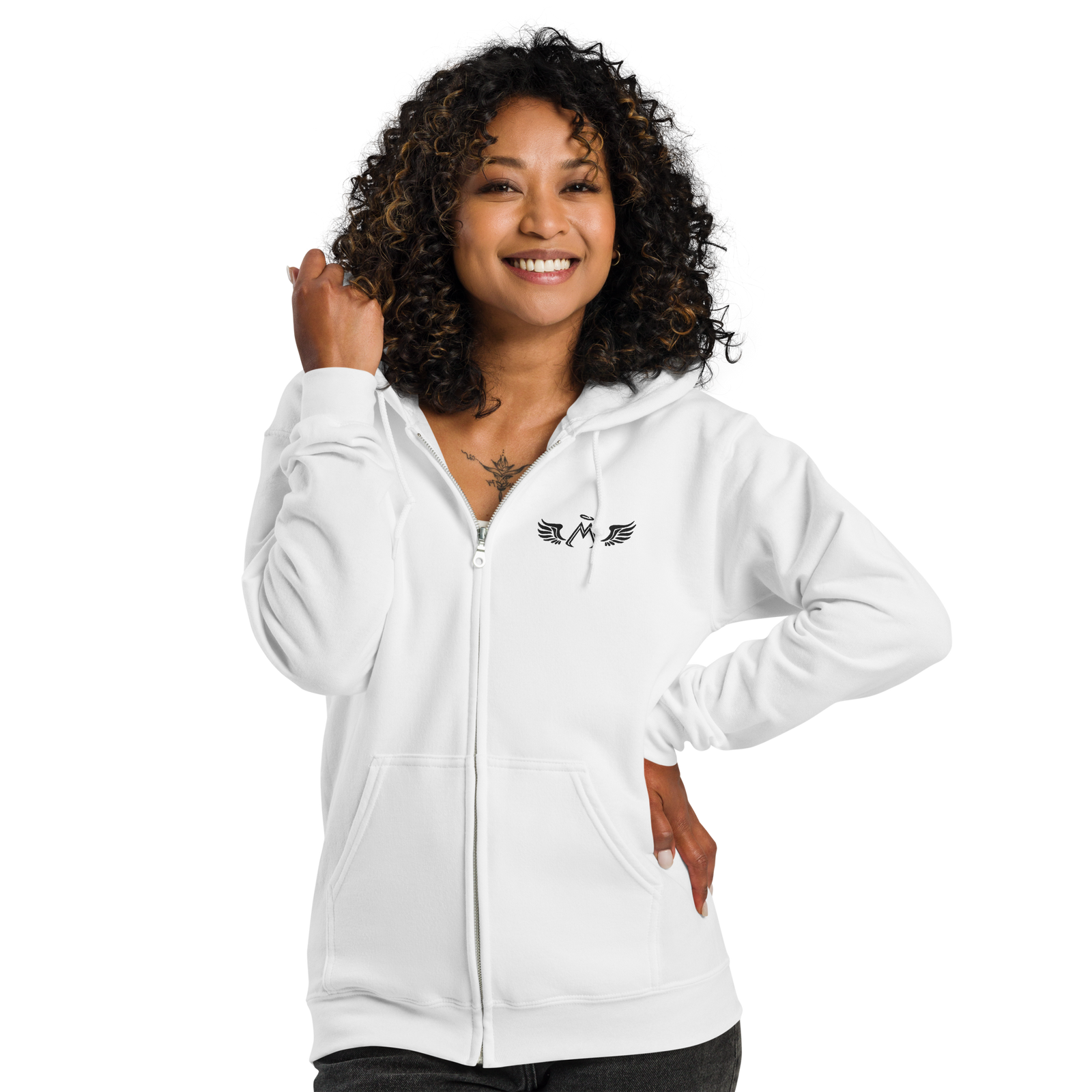 White Unisex Heavy Blend Zip Hoodie With Embroidered Black MM Iconic Logo