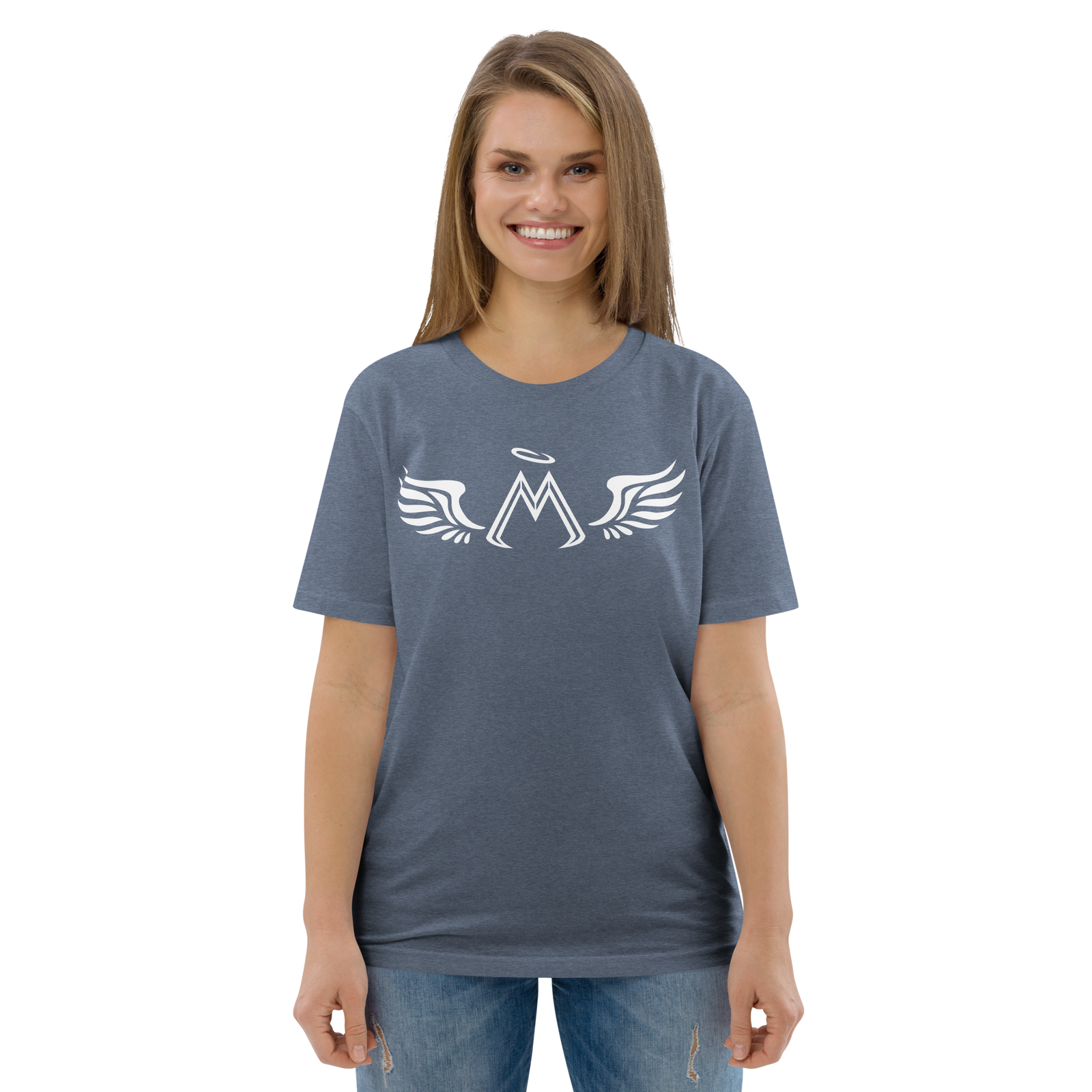 Dark Heather Blue Unisex Organic Cotton T-Shirt With White MM Iconic Logo