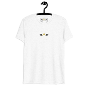 White Unisex Tri-Blend Short Sleeve T-Shirt With Embroidered Gold-Black MM Iconic Logo