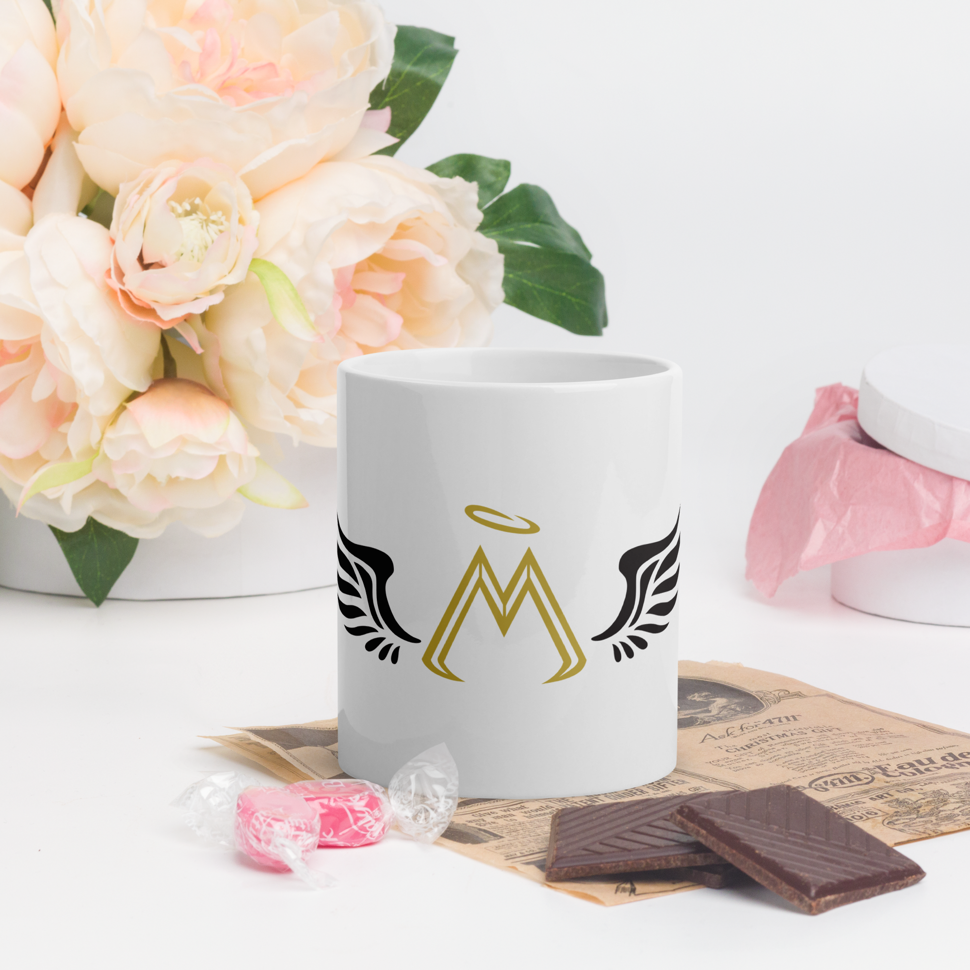 11 oz White Glossy Mug With Gold-Black MM Iconic Logo