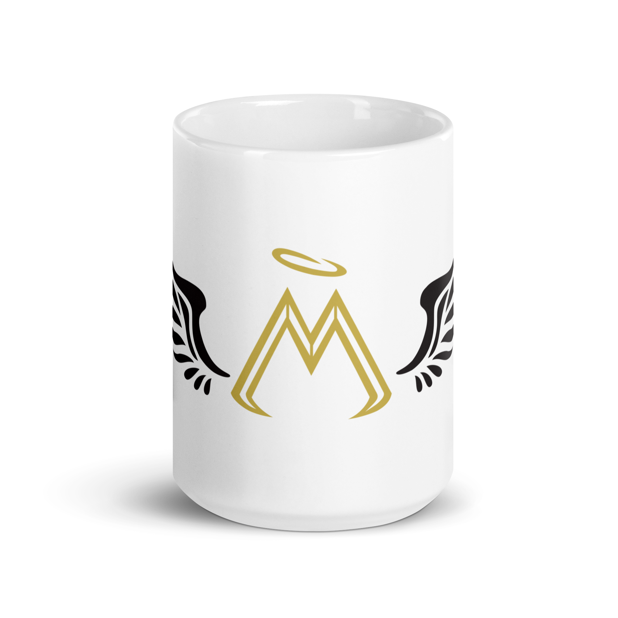 15 oz White Glossy Mug With Gold-Black MM Iconic Logo