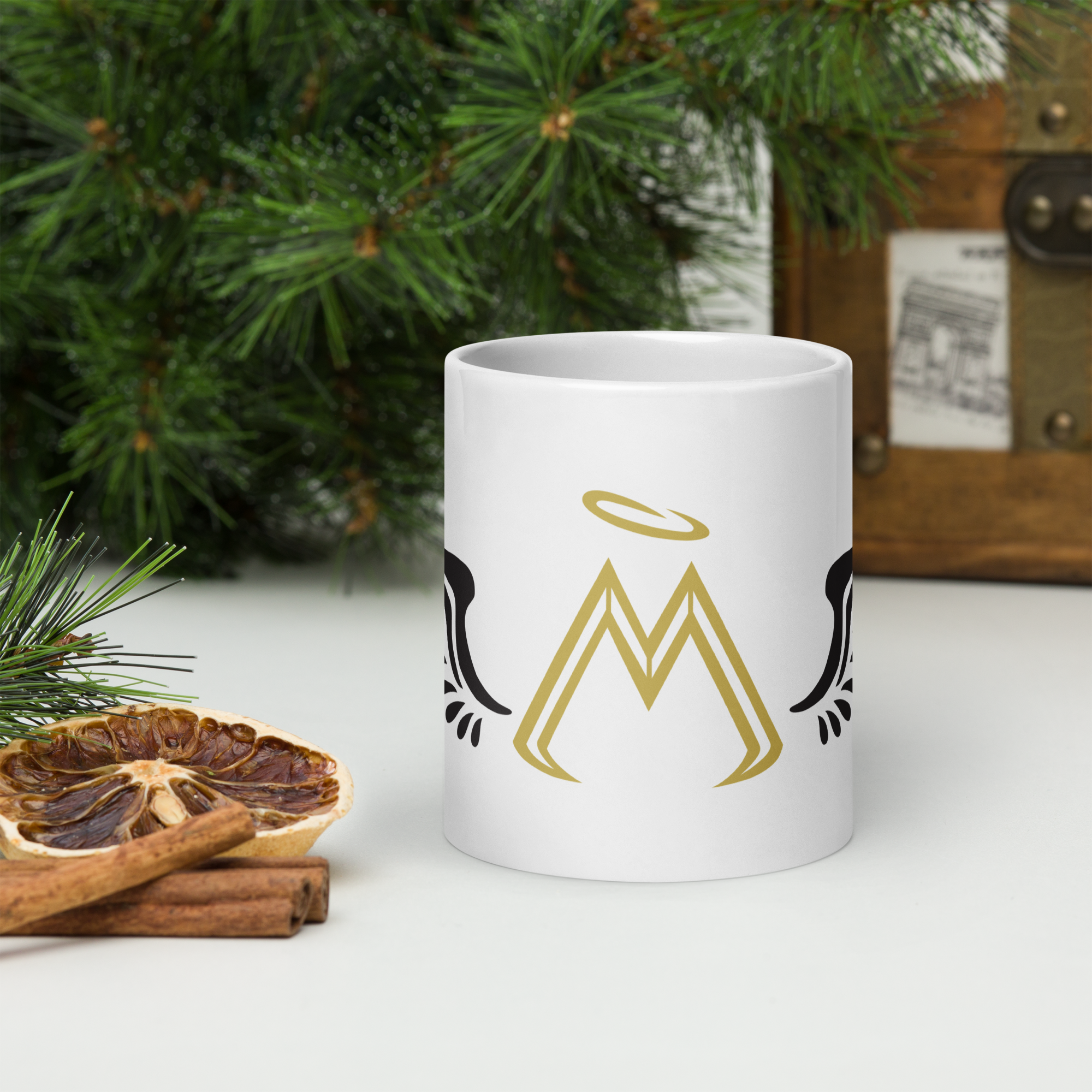 20 oz White Glossy Mug With Gold-Black MM Iconic Logo