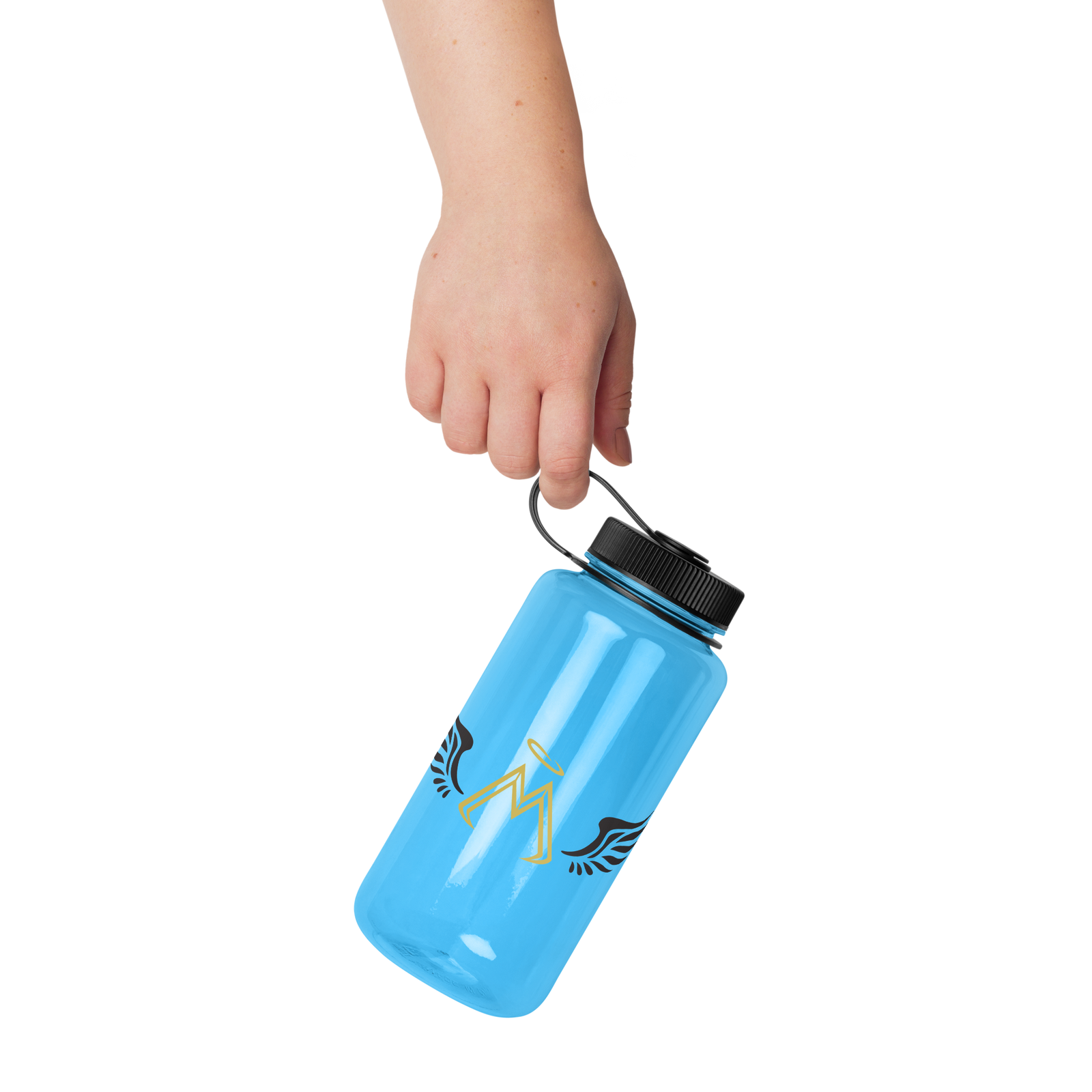 Blue Wide Mouth Plastic Water Bottle With Gold-Black MM Iconic Logo