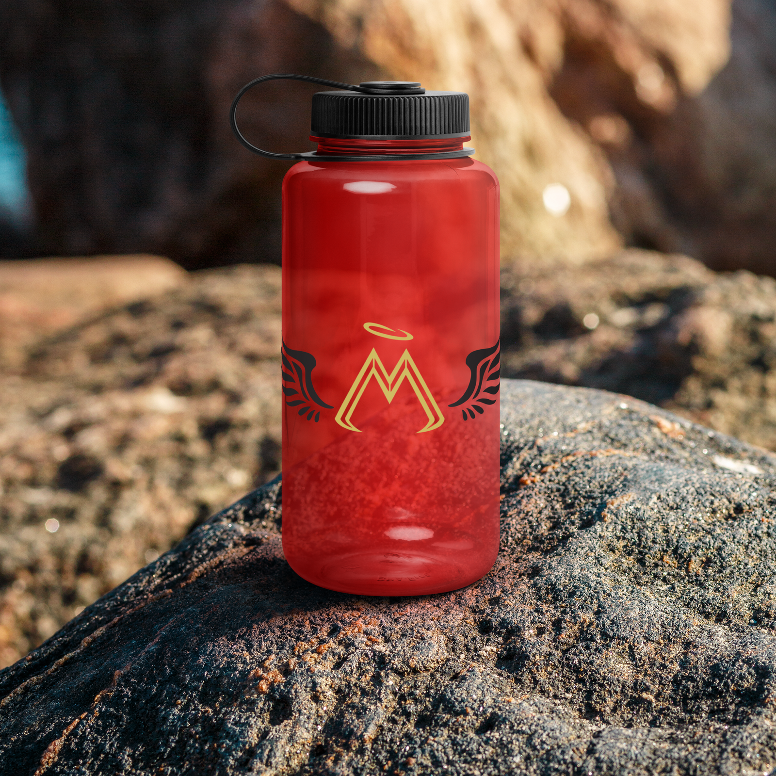 Red Wide Mouth Plastic Water Bottle With Gold-Black MM Iconic Logo