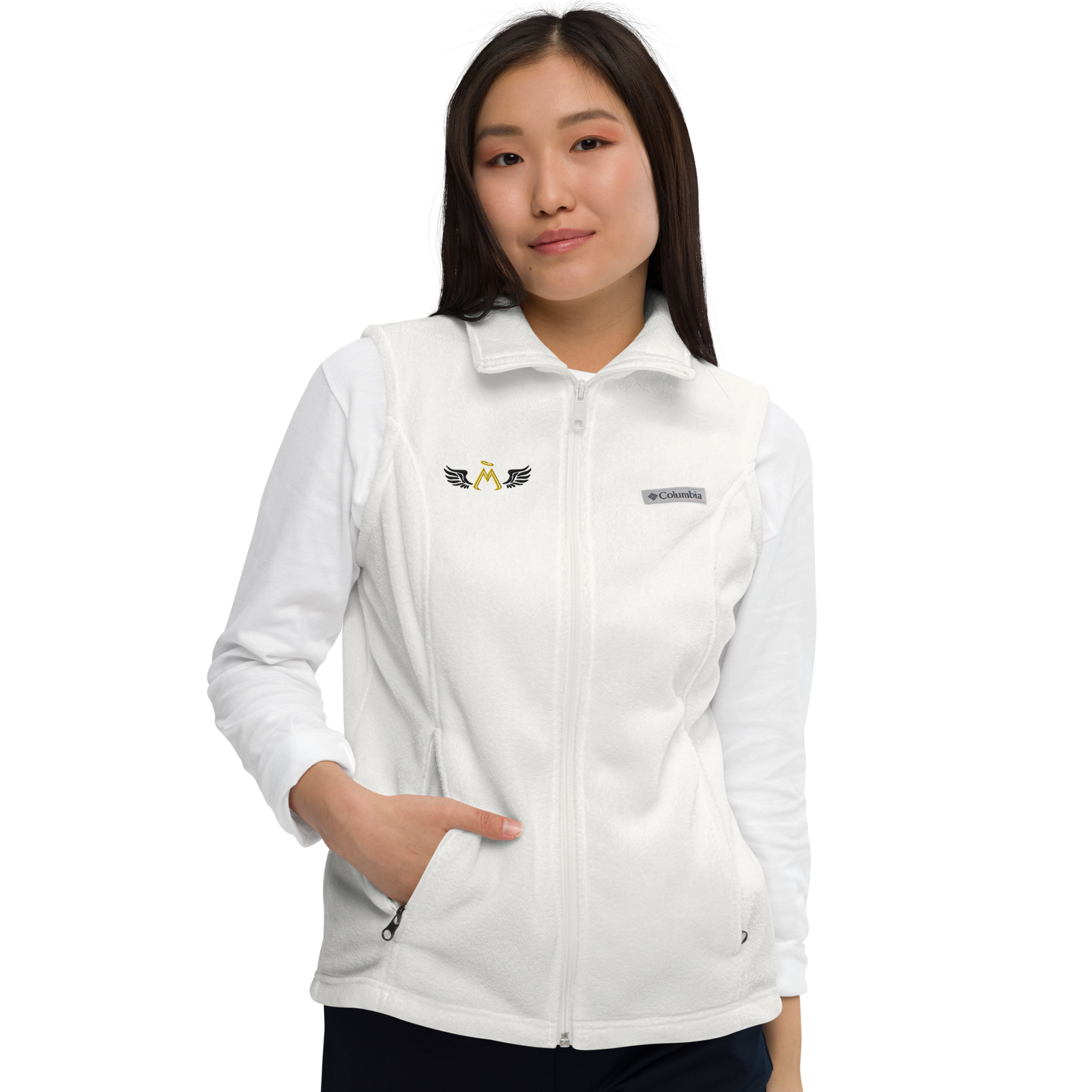 Sea Salt White Women’s Columbia Fleece Vest With Embroidered Gold-Black MM Iconic Logo