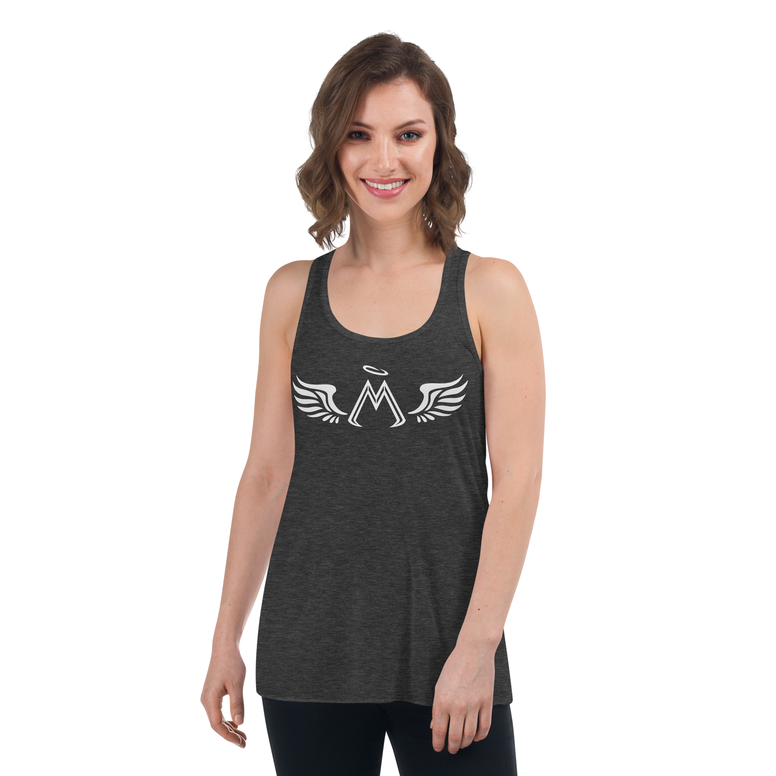 Dark Heather Grey Flowy Racerback Tank With White MM Iconic Logo