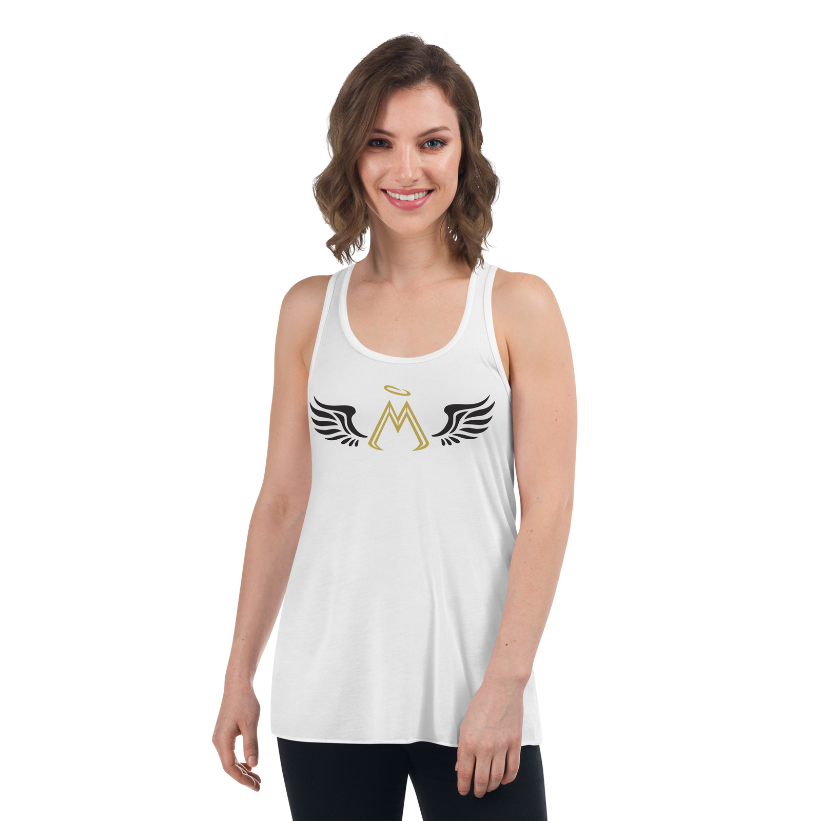 White Flowy Racerback Tank With Gold-Black MM Iconic Logo