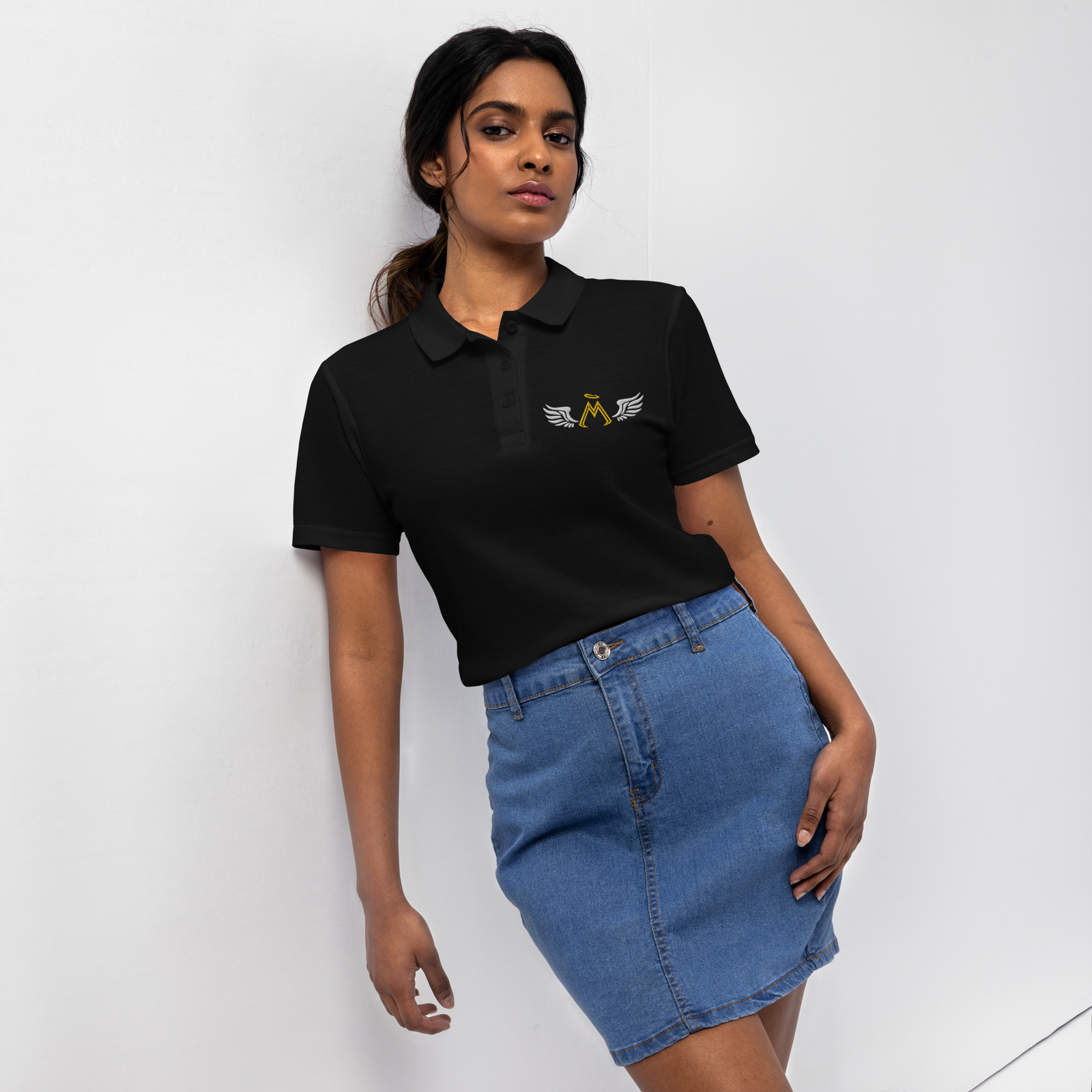 Black Women’s Pique Polo Shirt With Embroidered Classic MM Iconic Logo