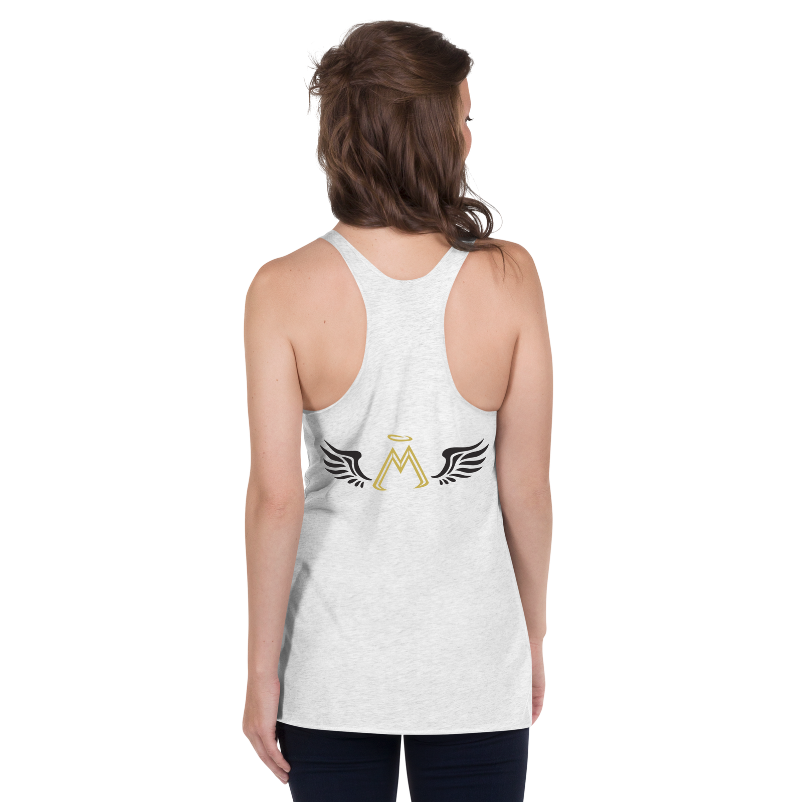 White Racerback Tank With Gold-Black MM Iconic Logo