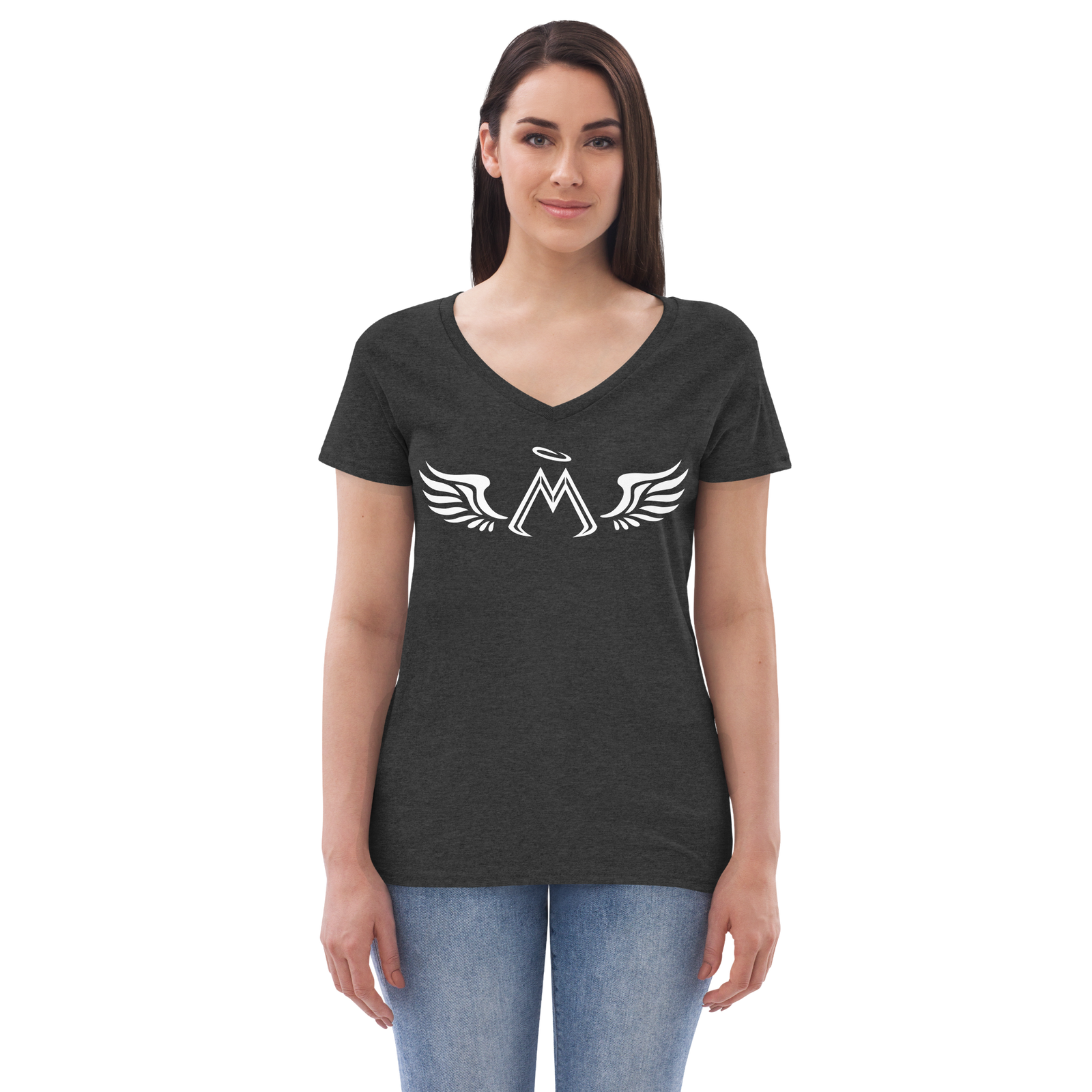 Charcoal Heather Women’s Recycled V-Neck T-Shirt With White MM Iconic Logo