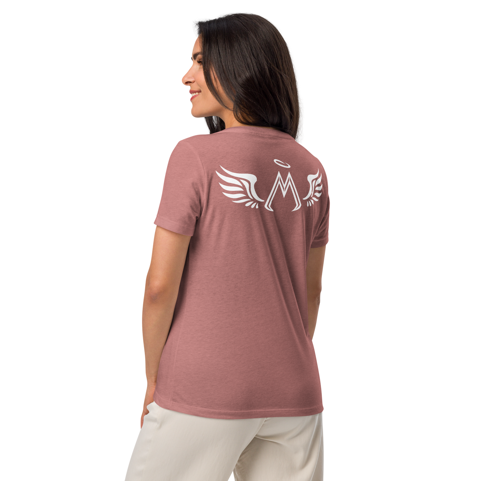Heather Mauve Women’s Relaxed V-Neck T-Shirt With Embroidered White MM Iconic Logo
