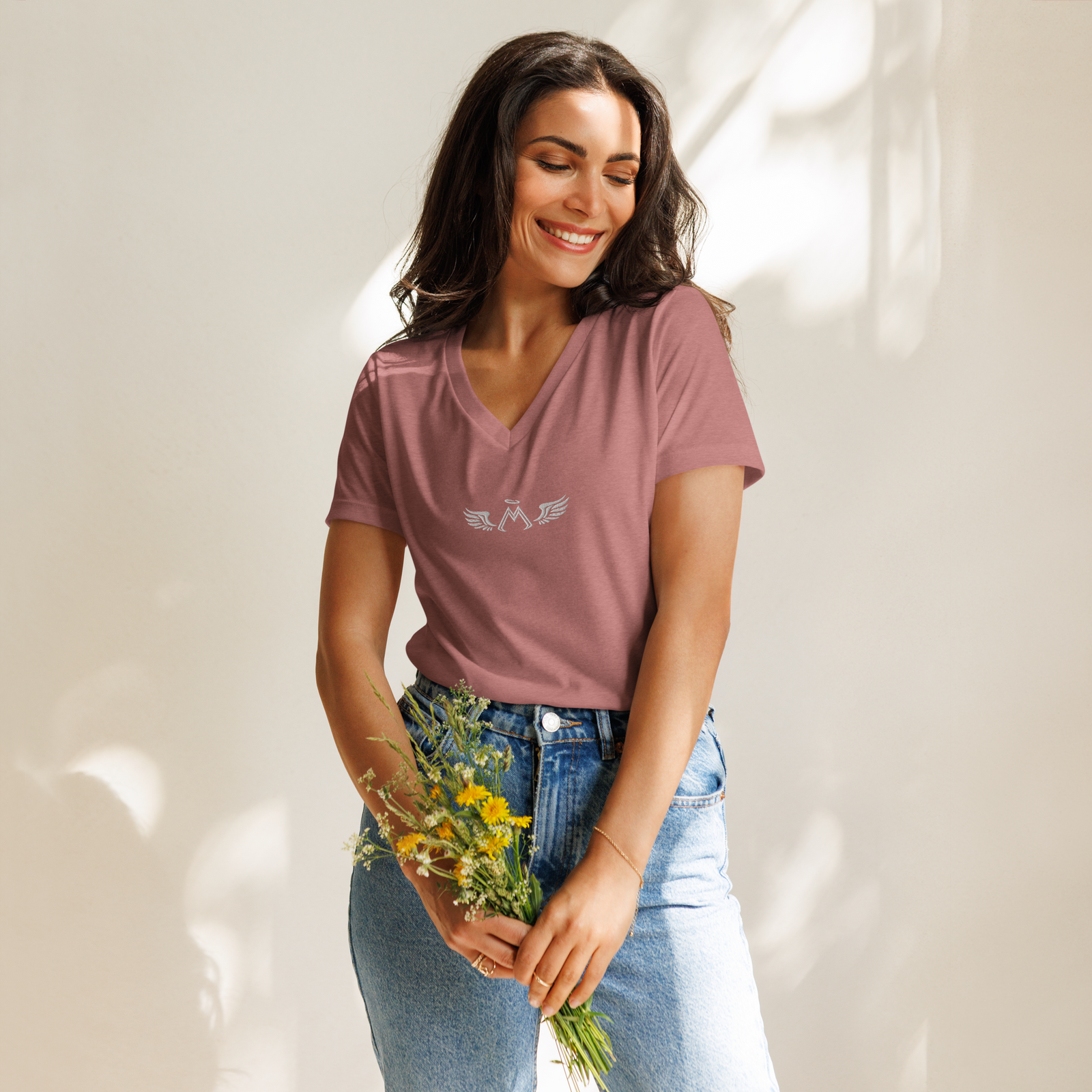 Heather Mauve Women’s Relaxed V-Neck T-Shirt With Embroidered White MM Iconic Logo