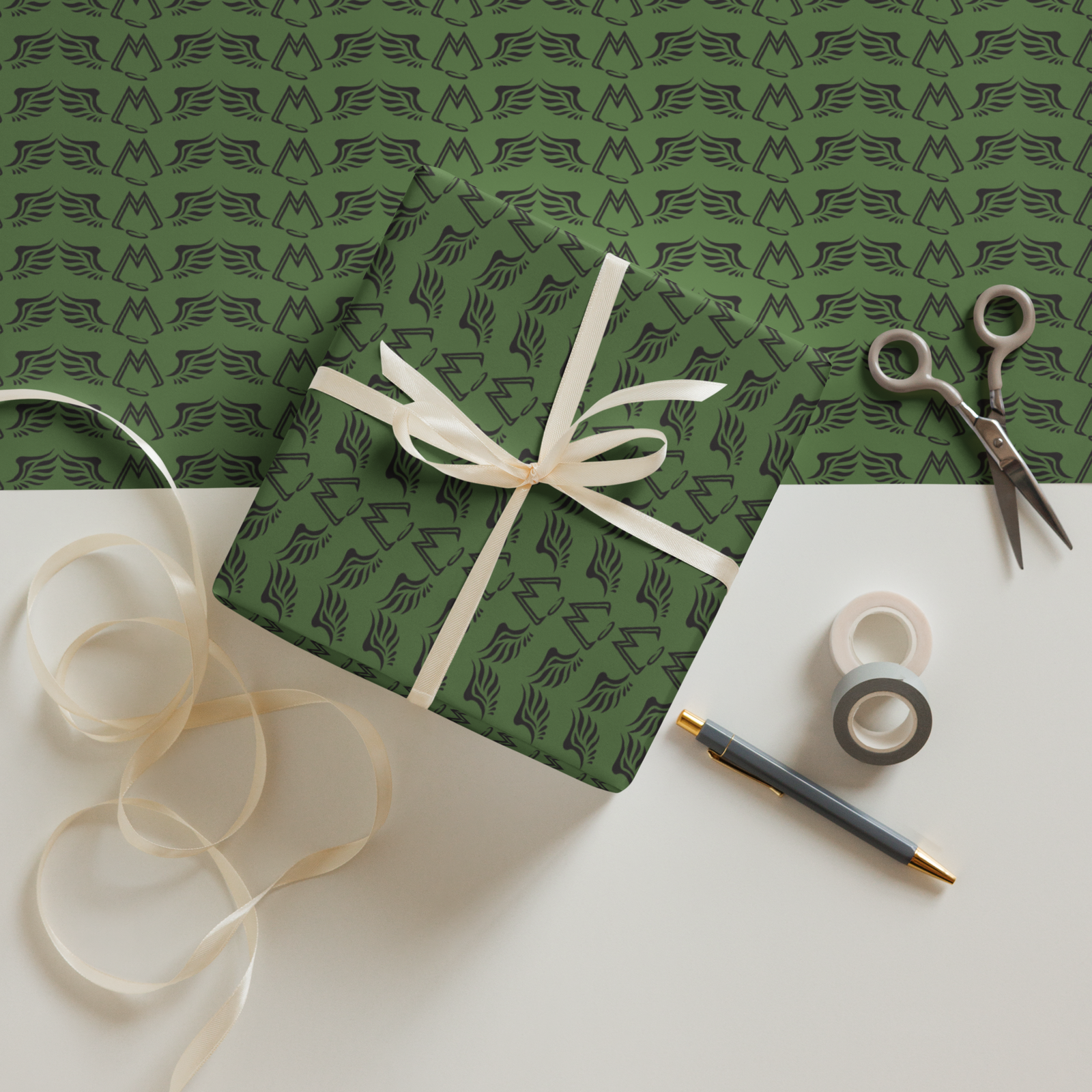 Army Green Wrapping Paper Sheets With Duplicated Black MM Iconic Logo