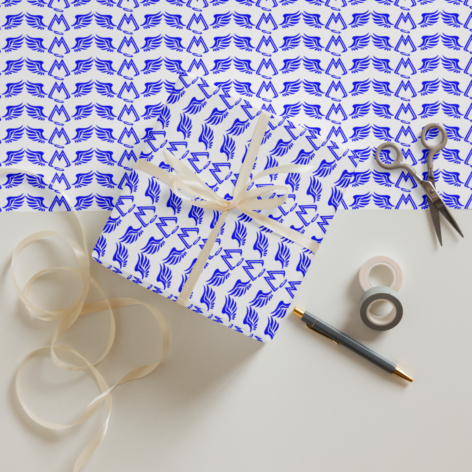 White Wrapping Paper Sheets With Duplicated Blue MM Iconic Logo