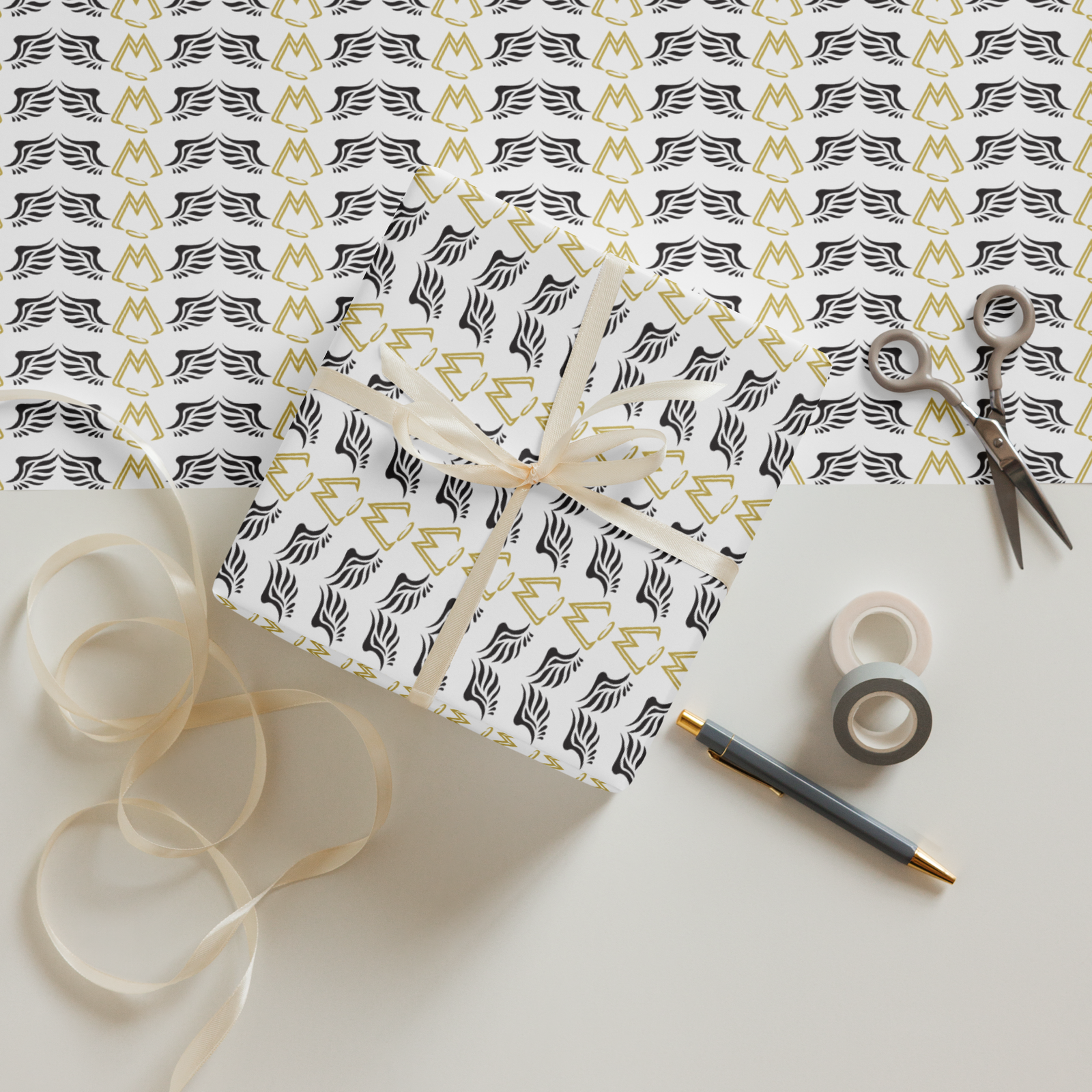 White Wrapping Paper Sheets With Duplicated Gold-Black MM Iconic Logo