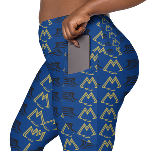 Blue Crossover Leggings With Duplicated Gold-Black MM Iconic Logo