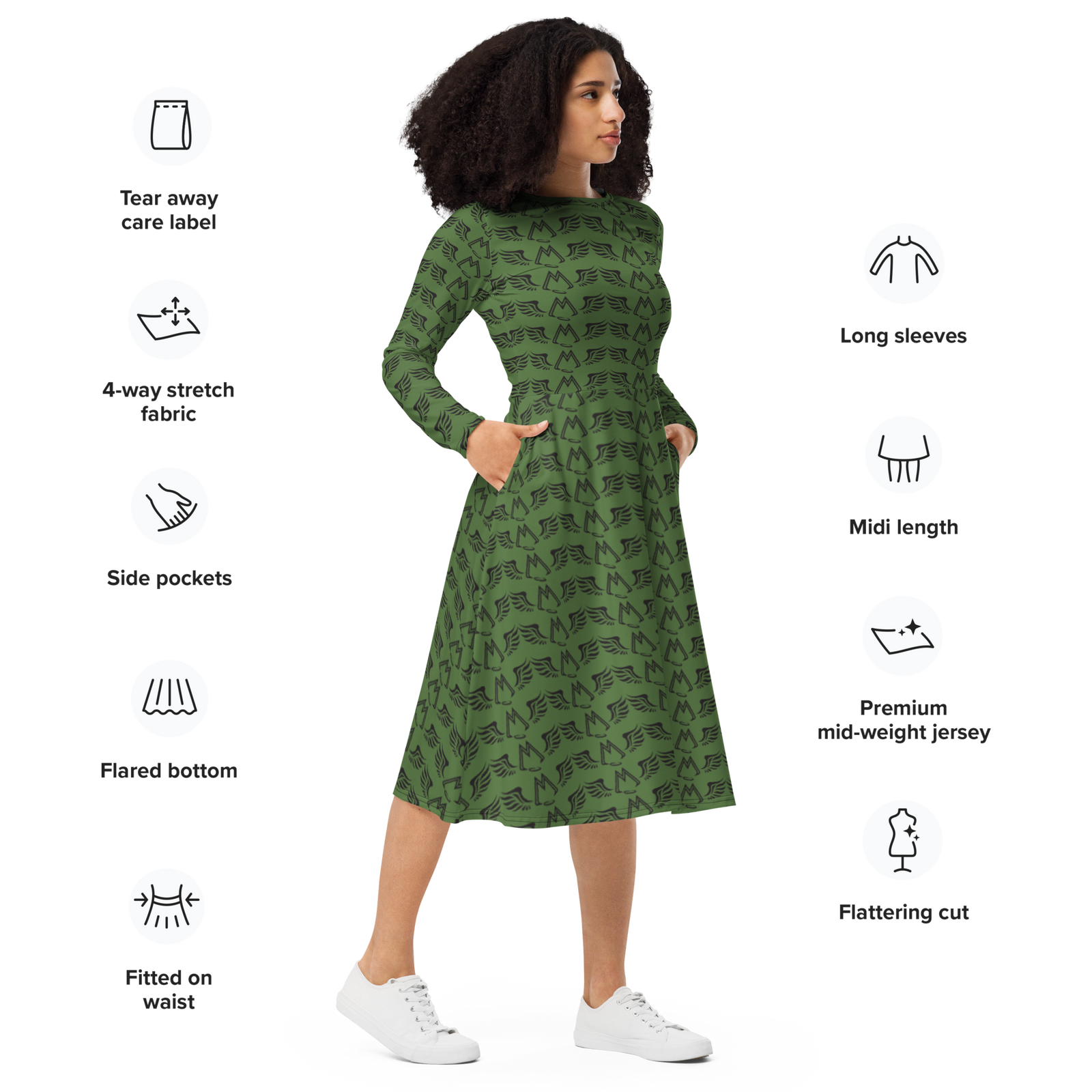 Army Green Long Sleeve Midi Dress With Duplicated Black MM Iconic Logo