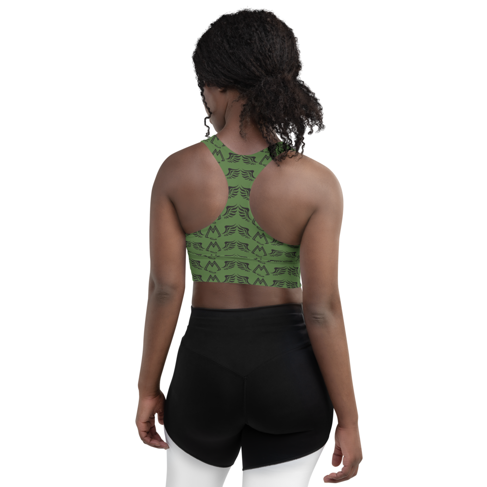 Army Green Longline Sports Bra With Duplicated Black MM Iconic Logo