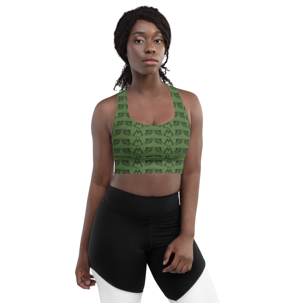 Army Green Longline Sports Bra With Duplicated Black MM Iconic Logo