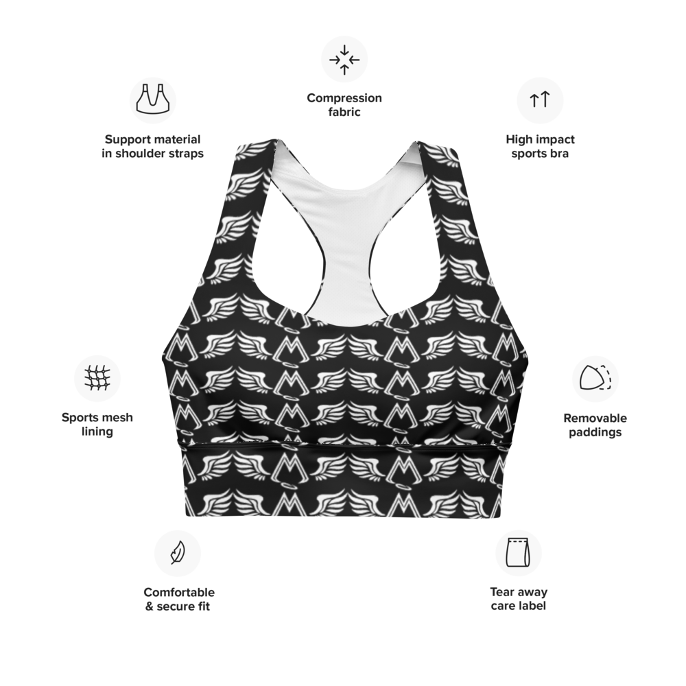 Black Longline Sports Bra With Duplicated White MM Iconic Logo
