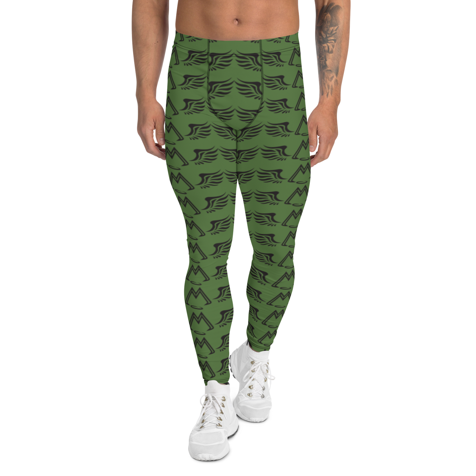 Army Green Men's Leggings With Duplicated Black MM Iconic Logo