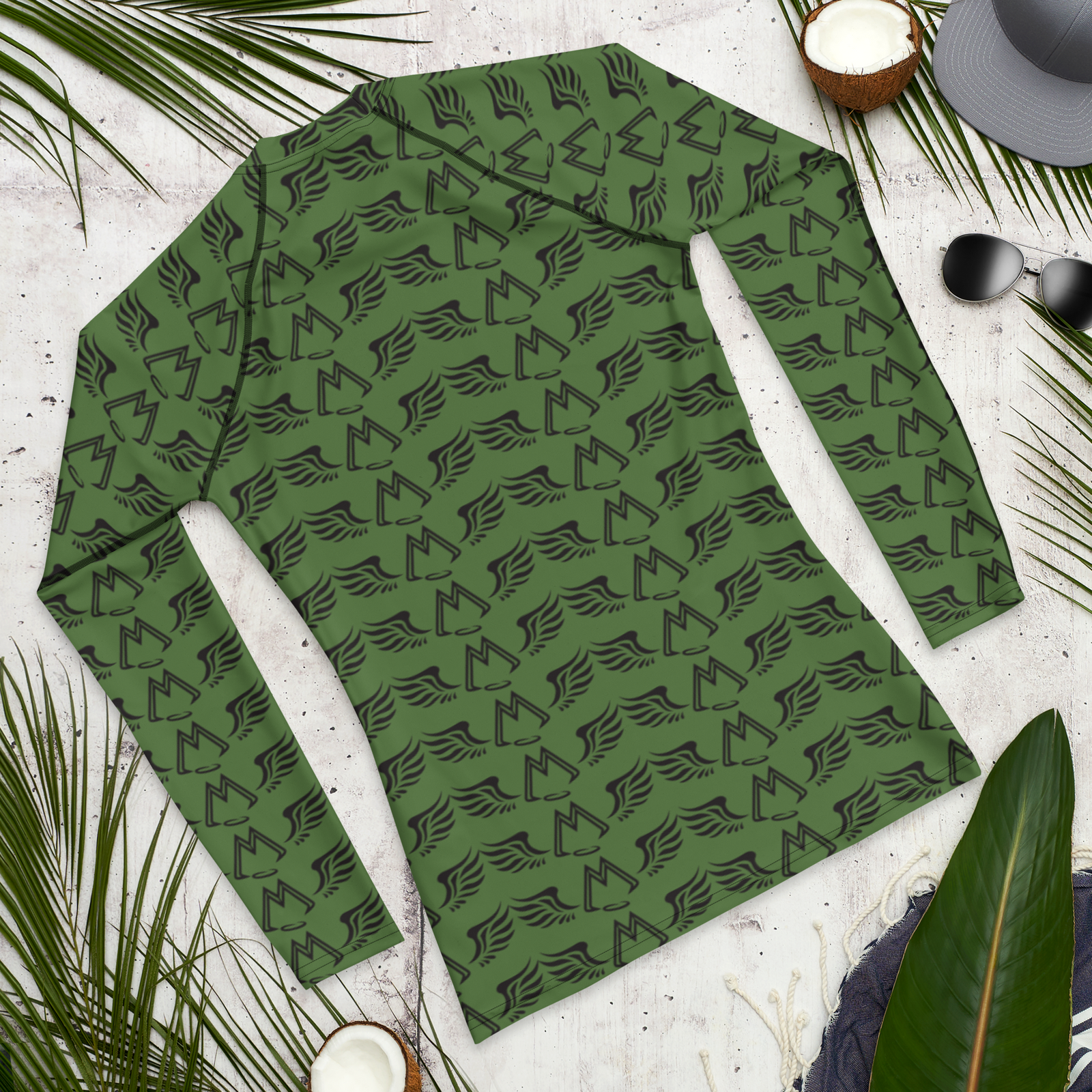 Army Green Men's Rash Guard With Duplicated Black MM Iconic Logo